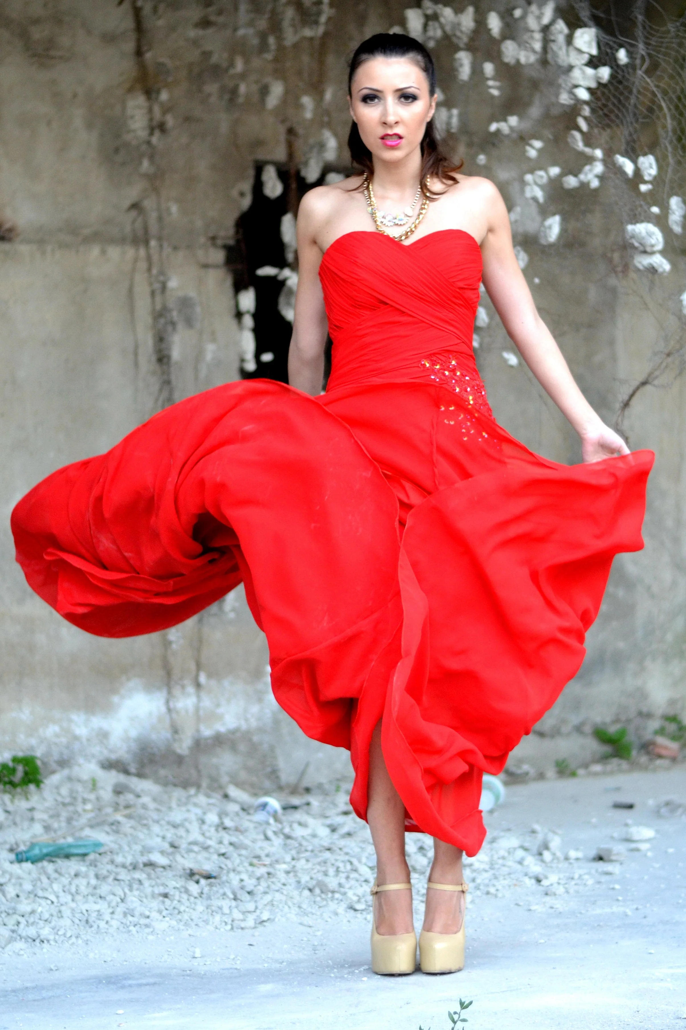 A-line Sweetheart Floor Length Chapel Chiffon Rhinestone Prom Dress - Image 6