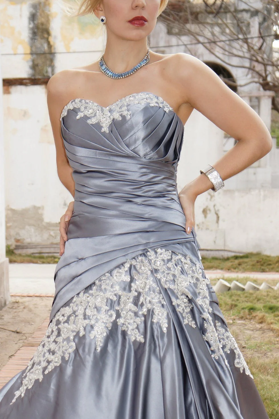 A-line Sweetheart Floor Length Charmuse Applique Lace Evening Dress - Image 11