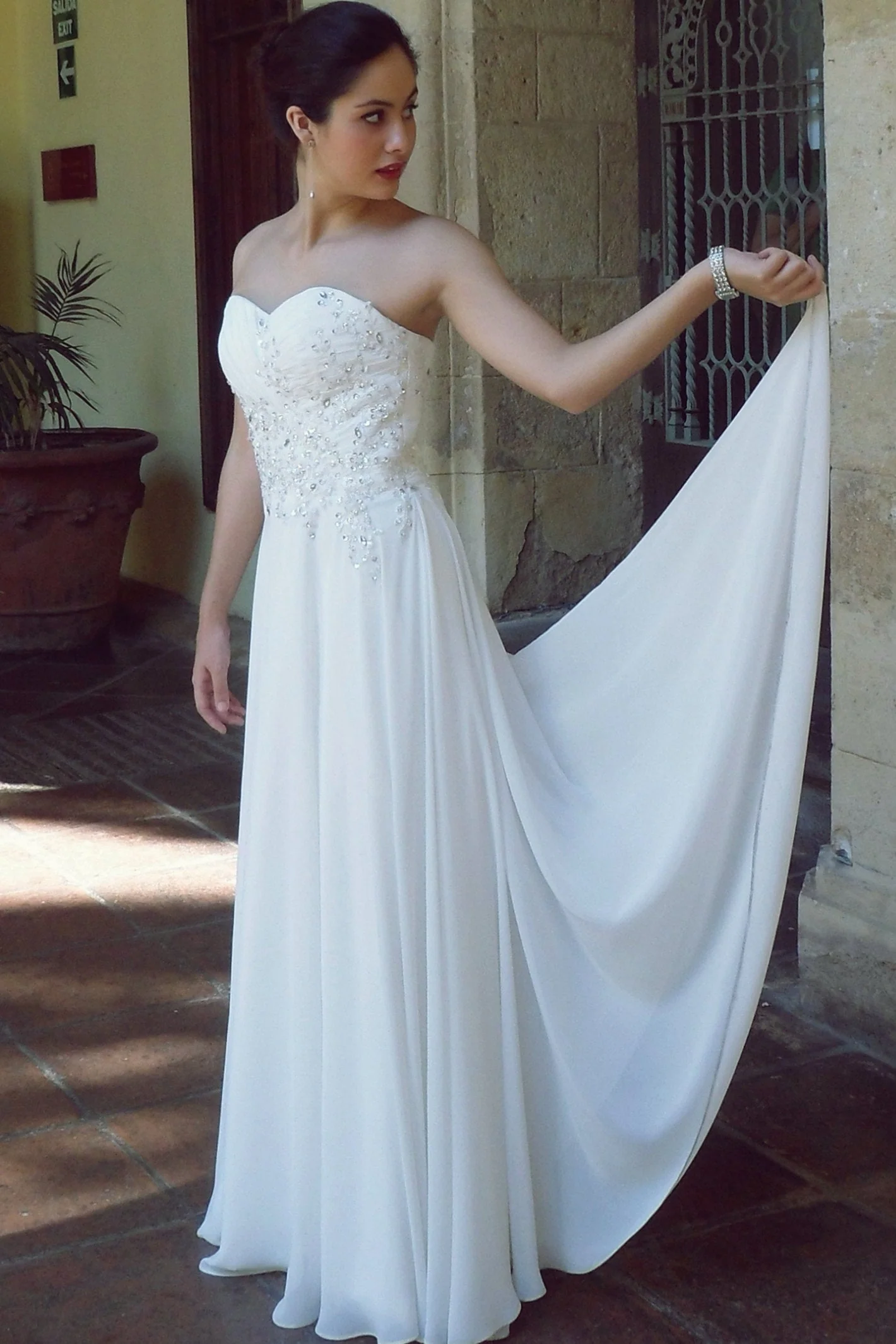 A-line Sweetheart Floor Length Chiffon Beaded Wedding Dress - Image 4