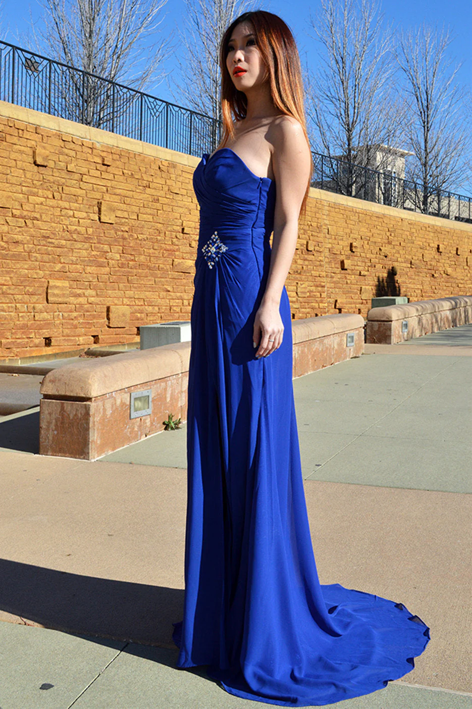 A-line Sweetheart Floor Length Chiffon Front Slit Rhinestone Prom Dress - Image 3