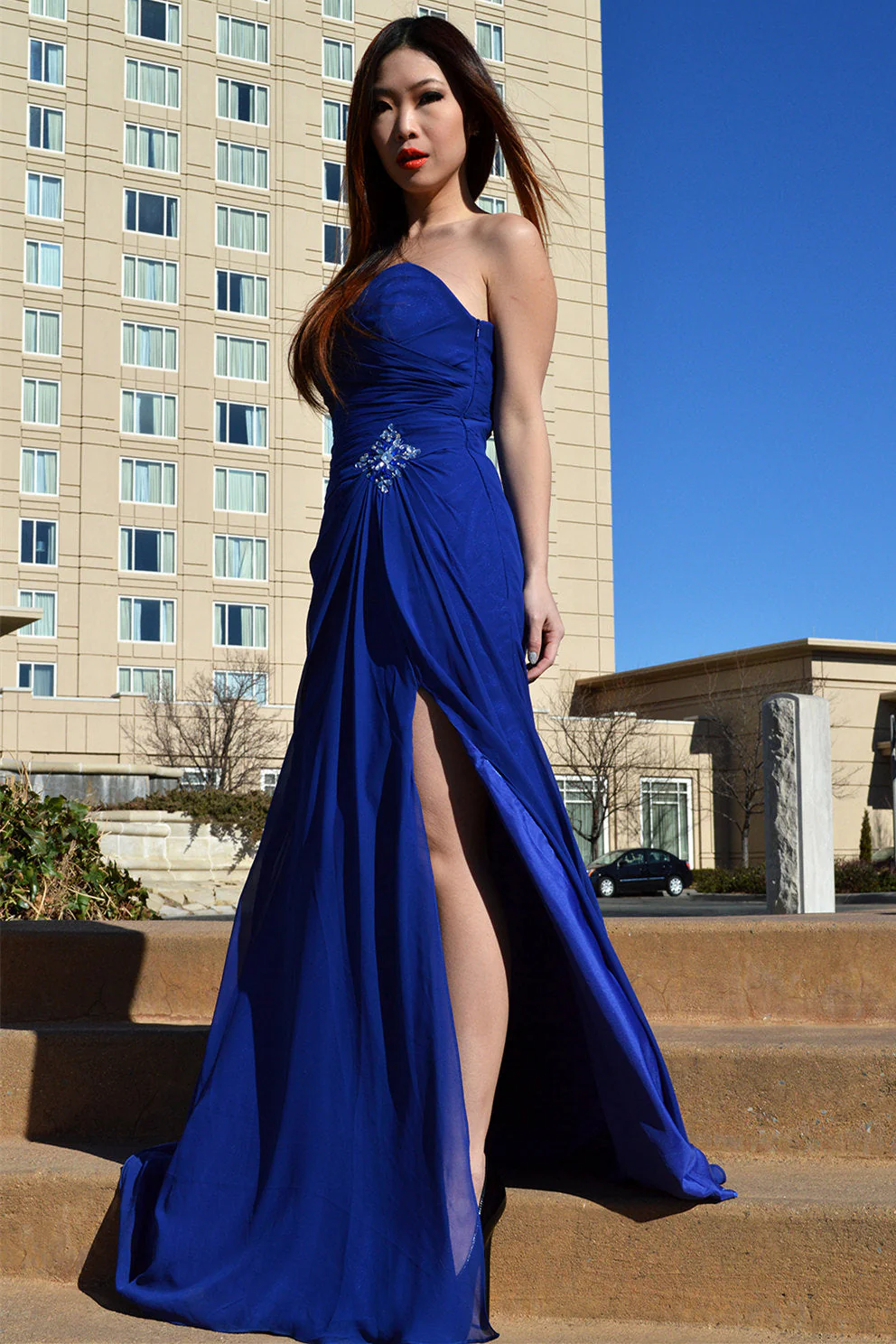A-line Sweetheart Floor Length Chiffon Front Slit Rhinestone Prom Dress - Image 6