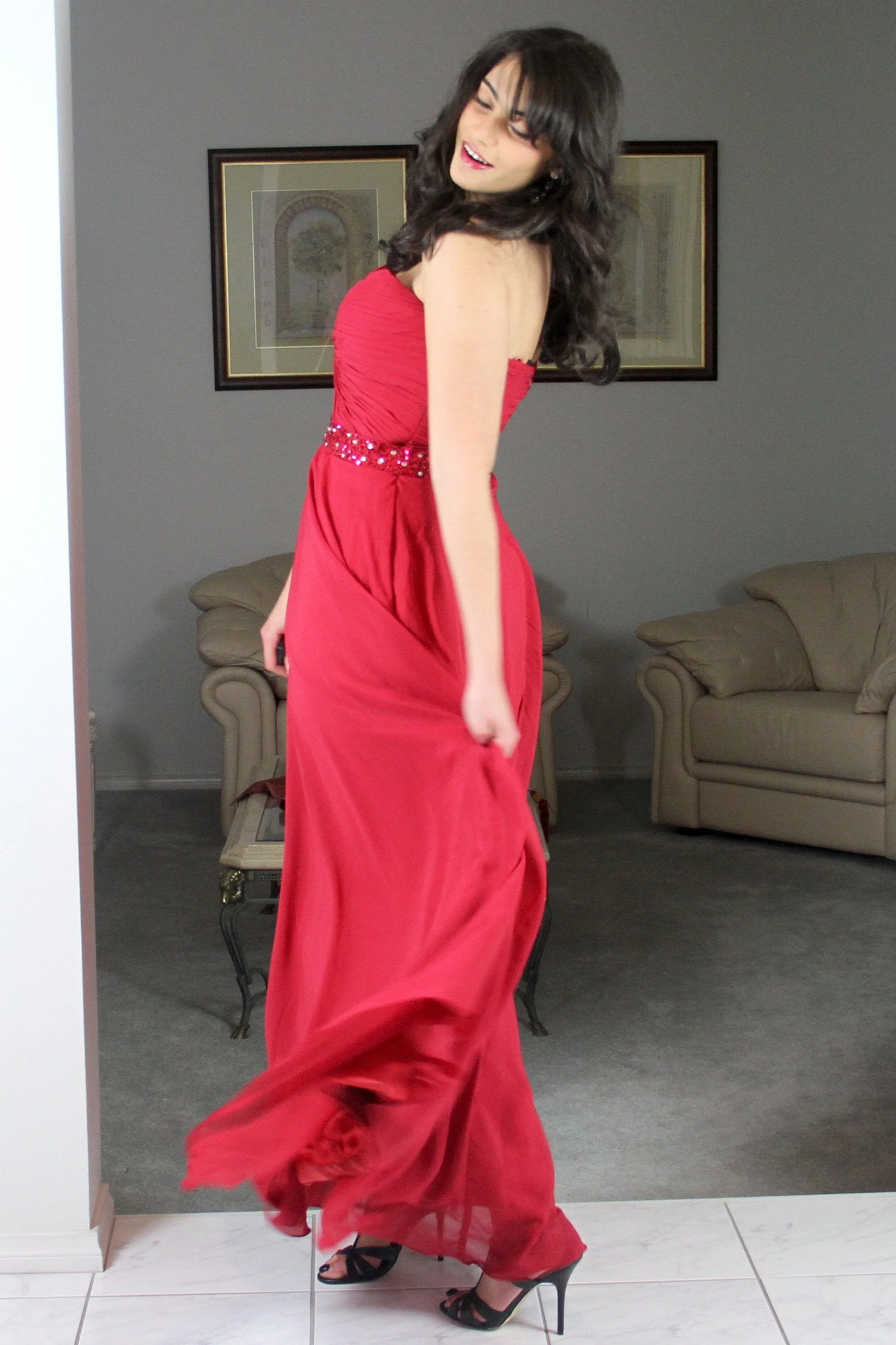 A-line Sweetheart Floor Length Chiffon Rhinestone Prom Dress - Image 3