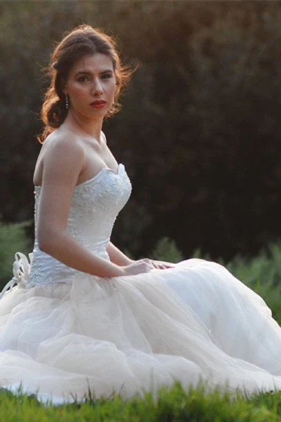 A-line Sweetheart Floor Length Tulle Handmade Flower Beading Wedding Dress - Image 7