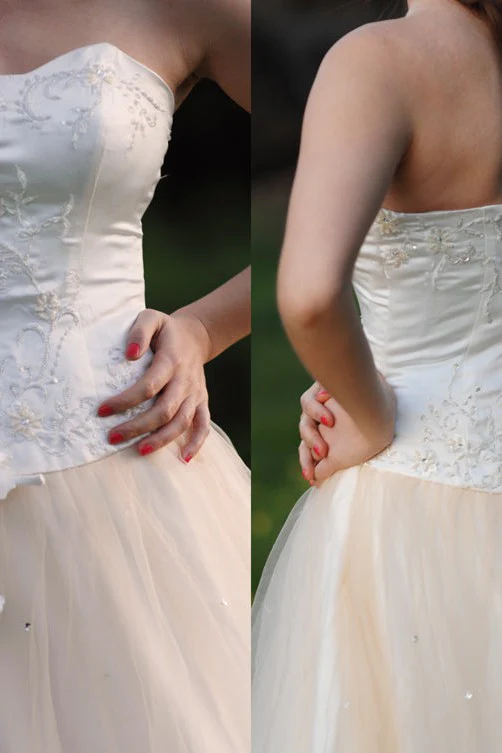 A-line Sweetheart Floor Length Tulle Handmade Flower Beading Wedding Dress - Image 9