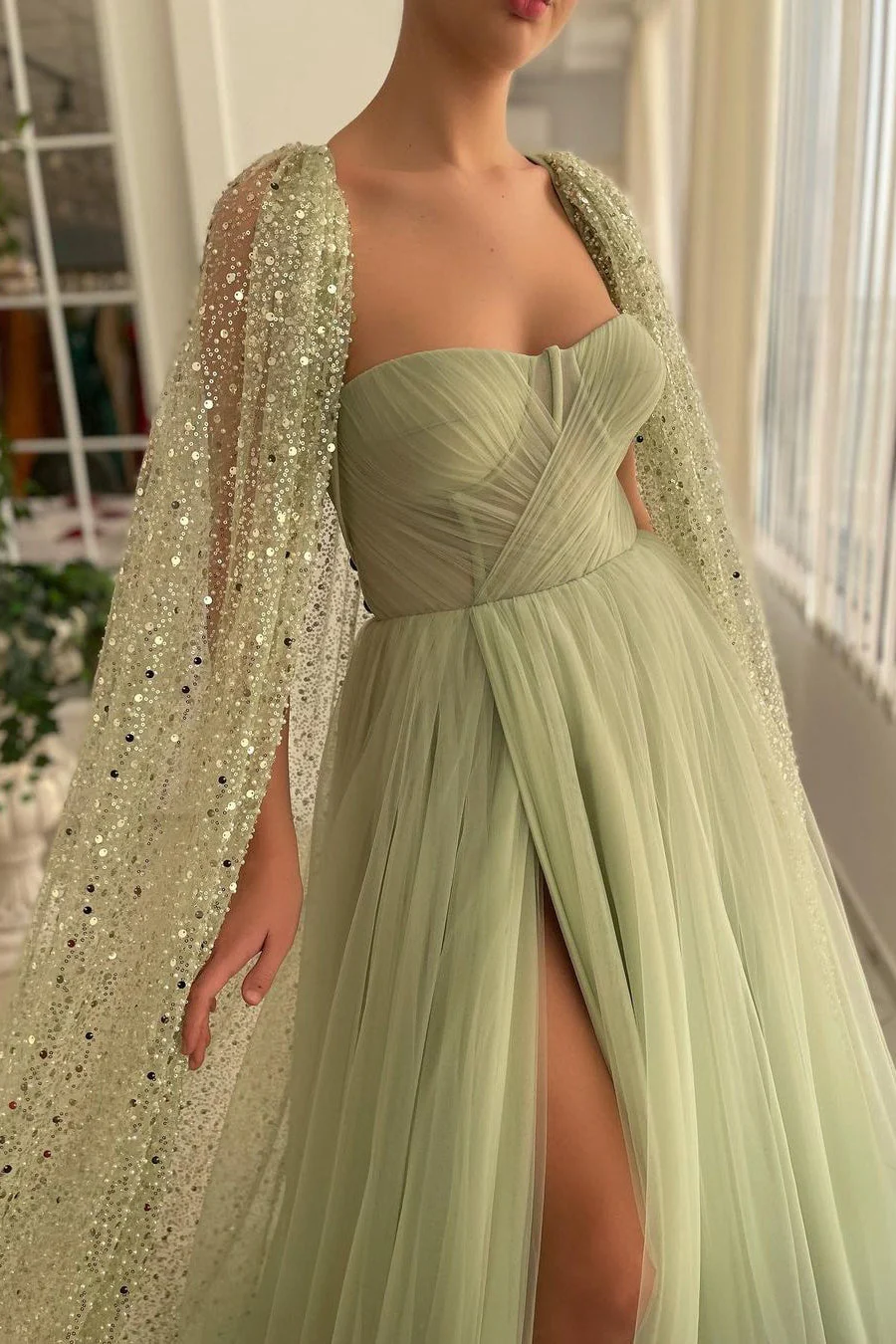 A-line Sweetheart High Split Shawl Sequined Floor-length Elegant Prom Dress - Image 2