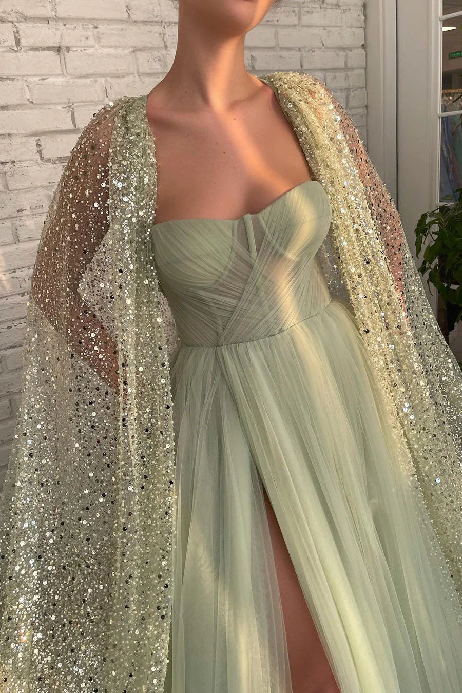 A-line Sweetheart High Split Shawl Sequined Floor-length Elegant Prom Dress - Image 3