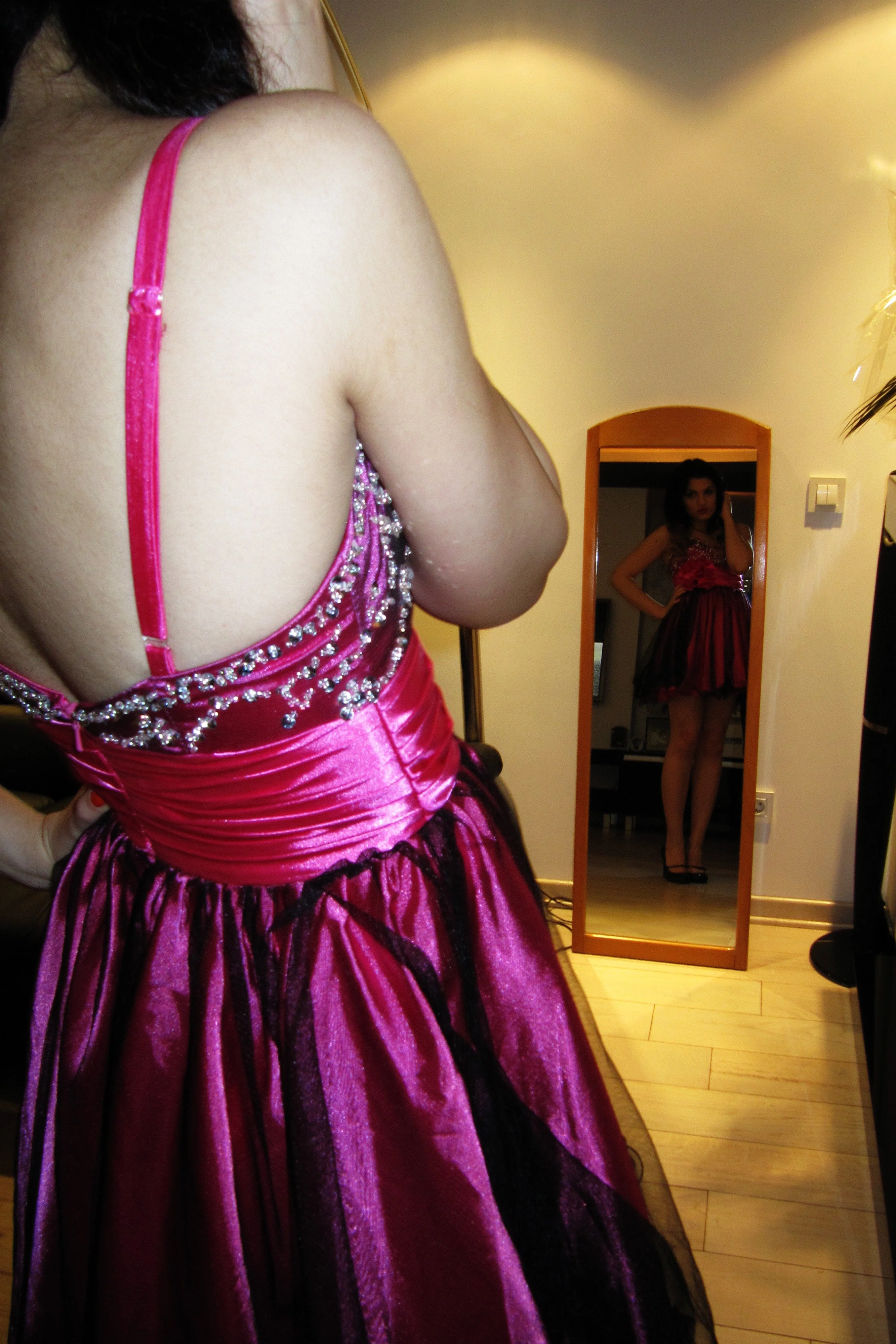 A-line Sweetheart Knee Length Charmuse Flower Rhinestone Homecoming Dress - Image 3