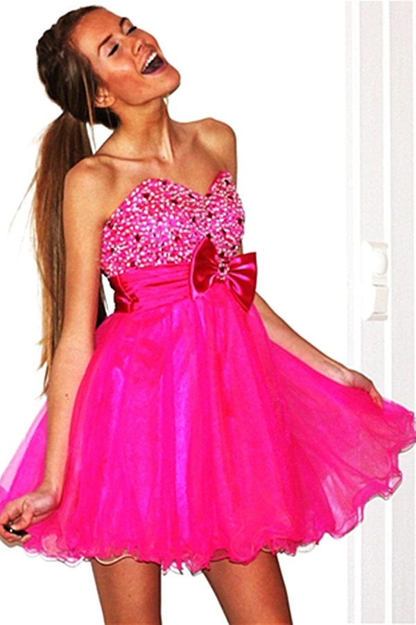 A-line Sweetheart Knee Length Tulle Beaded Flower Homecoming Dress - Image 3