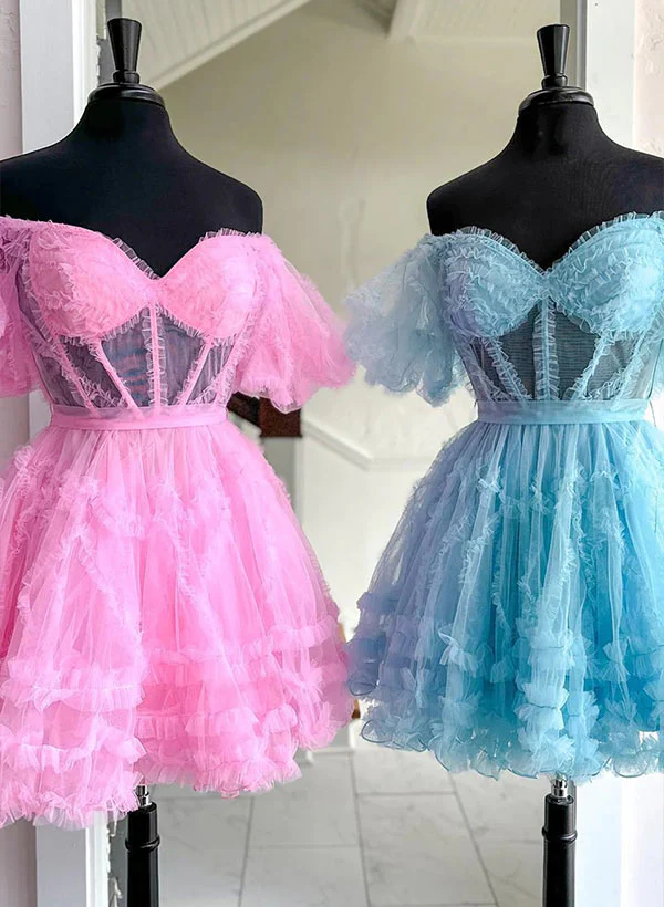A-Line Sweetheart Short Sleeves Short/Mini Tulle Homecoming Dresses - Image 2