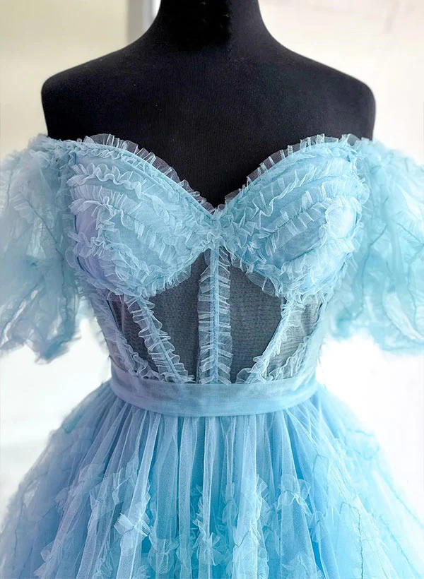 A-Line Sweetheart Short Sleeves Short/Mini Tulle Homecoming Dresses - Image 4