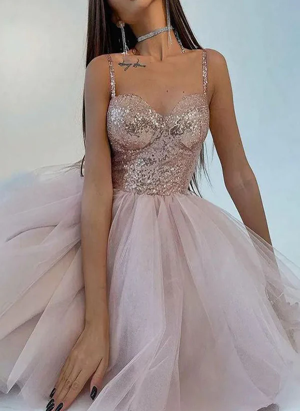 A-Line Sweetheart Sleeveless Short/Mini Tulle/Sequined Homecoming Dresses - Image 3