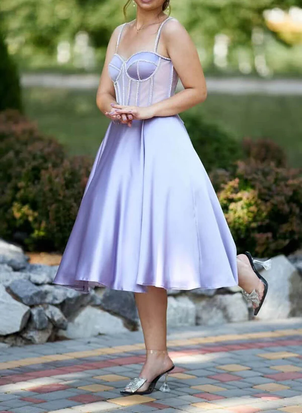 A-Line Sweetheart Sleeveless Tea-Length Satin Homecoming Dresses - Image 2
