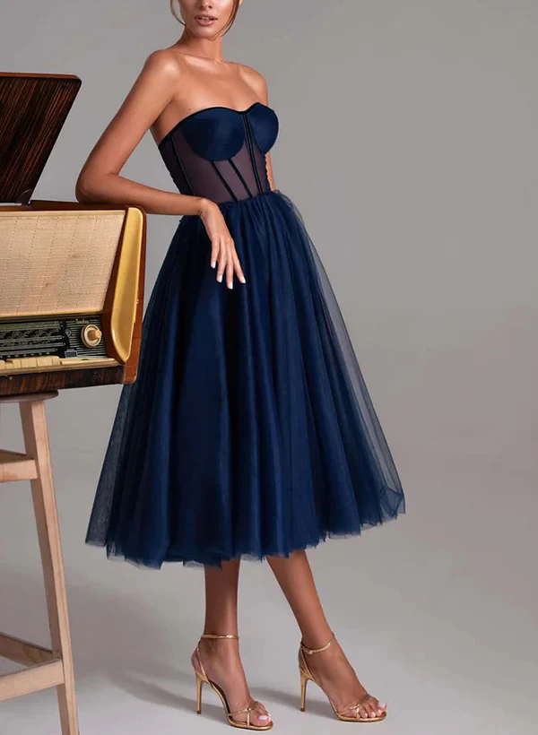 A-Line Sweetheart Sleeveless Tea-Length Tulle Homecoming Dresses - Image 3