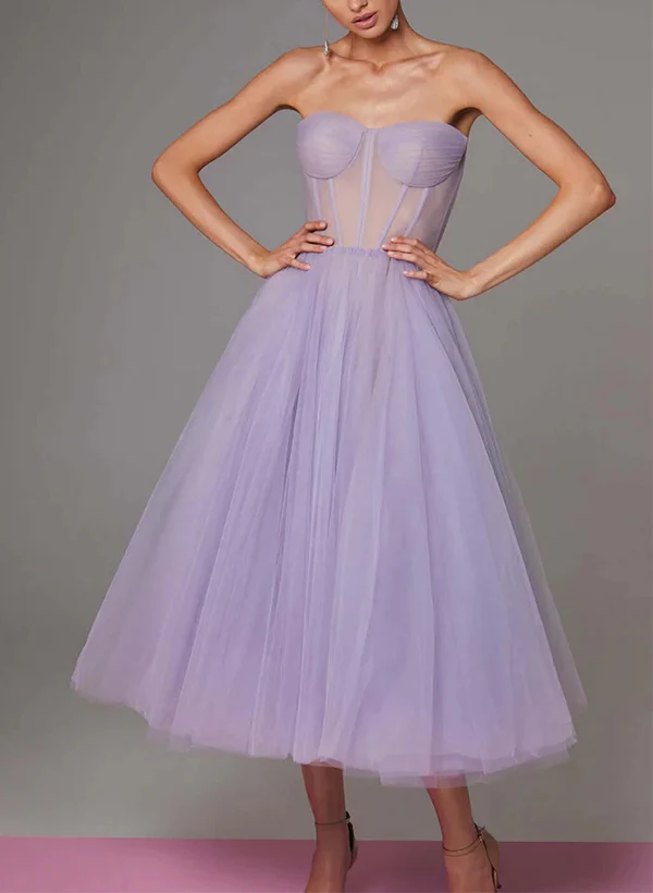 A-Line Sweetheart Sleeveless Tea-Length Tulle Homecoming Dresses - Image 6