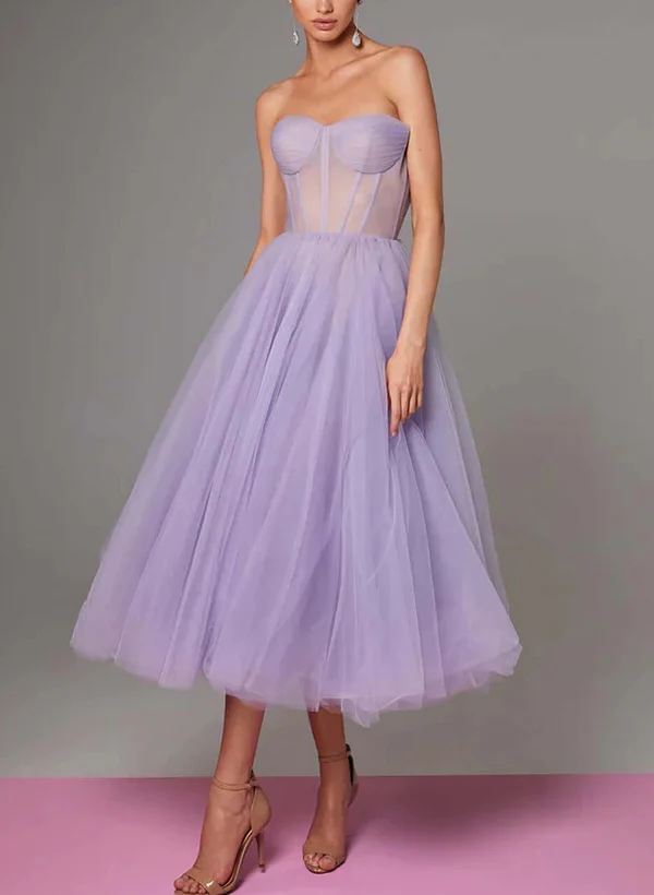 A-Line Sweetheart Sleeveless Tea-Length Tulle Homecoming Dresses - Image 7