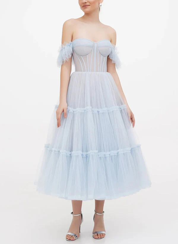 A-Line Sweetheart Sleeveless Tea-Length Tulle Homecoming Dresses - Image 3