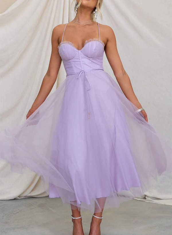 A-Line Sweetheart Sleeveless Tea-Length Tulle Homecoming Dresses - Image 2