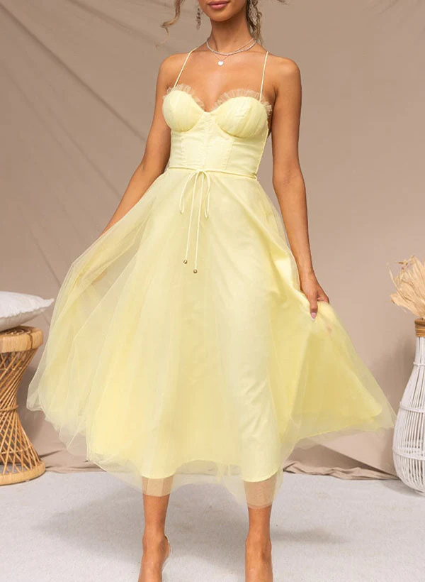 A-Line Sweetheart Sleeveless Tea-Length Tulle Homecoming Dresses - Image 3