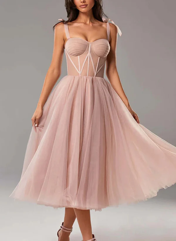 A-Line Sweetheart Sleeveless Tea-Length Tulle Homecoming Dresses - Image 3