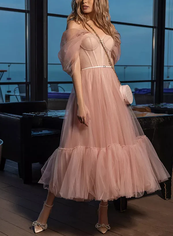 A-Line Sweetheart Sleeveless Tea-Length Tulle Homecoming Dresses - Image 2