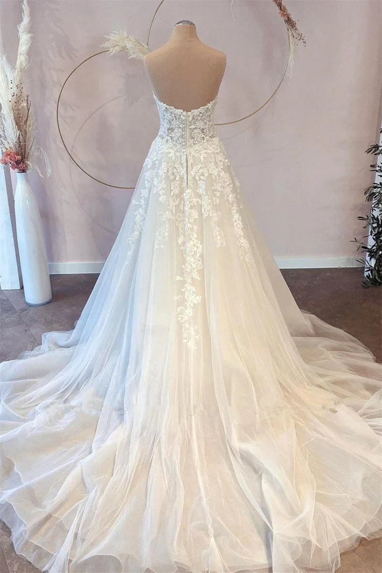 A-Line Sweetheart Strapless Floor-length Sleeveless Backless Appliques Lace Wedding Dress - Image 2