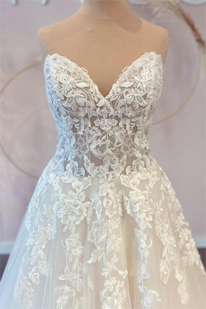 A-Line Sweetheart Strapless Floor-length Sleeveless Backless Appliques Lace Wedding Dress - Image 3