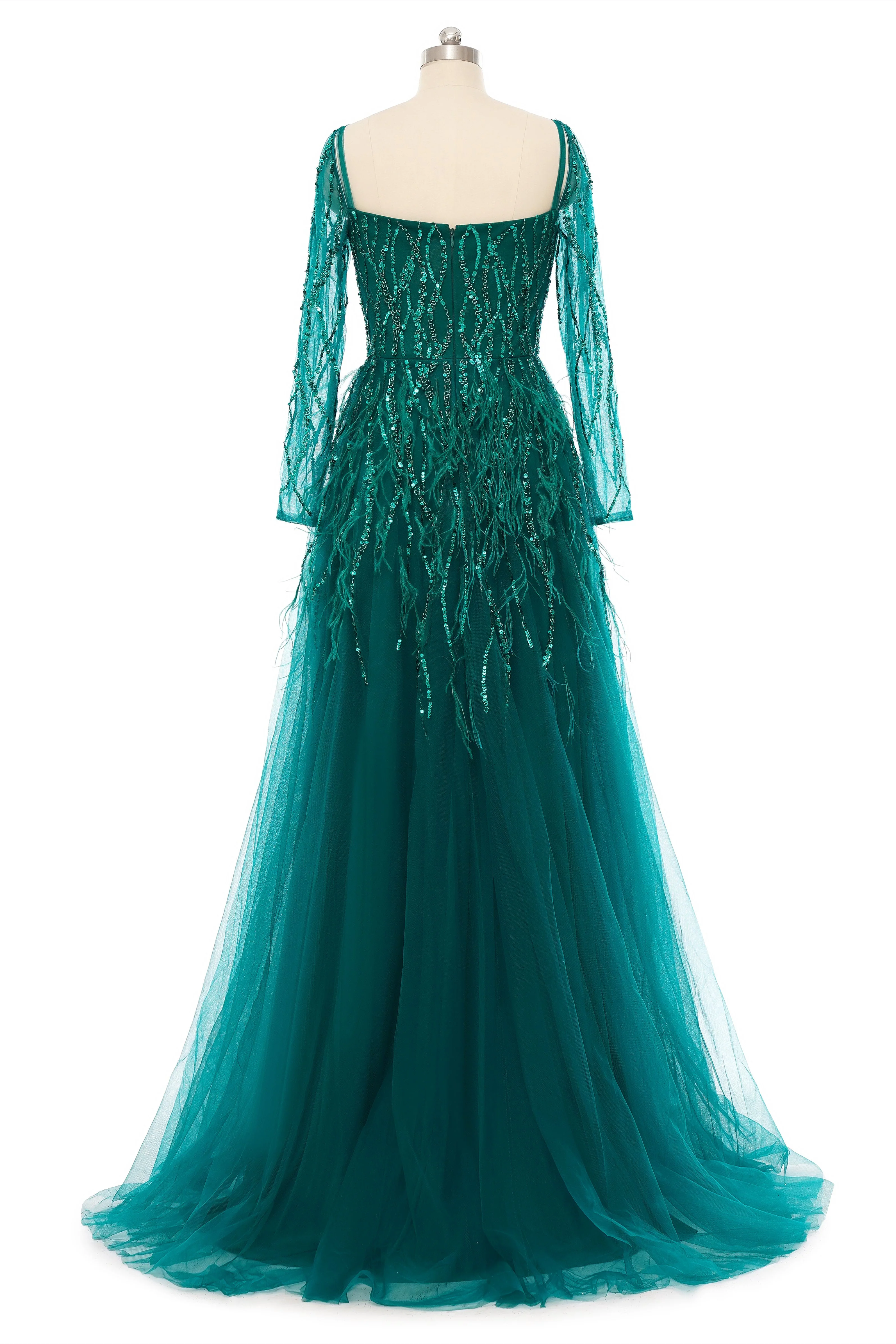A-Line Sweetheart Sequined Tulle Floor-length Long Sleeve Open Back Beading Elegant Prom Dress - Image 2