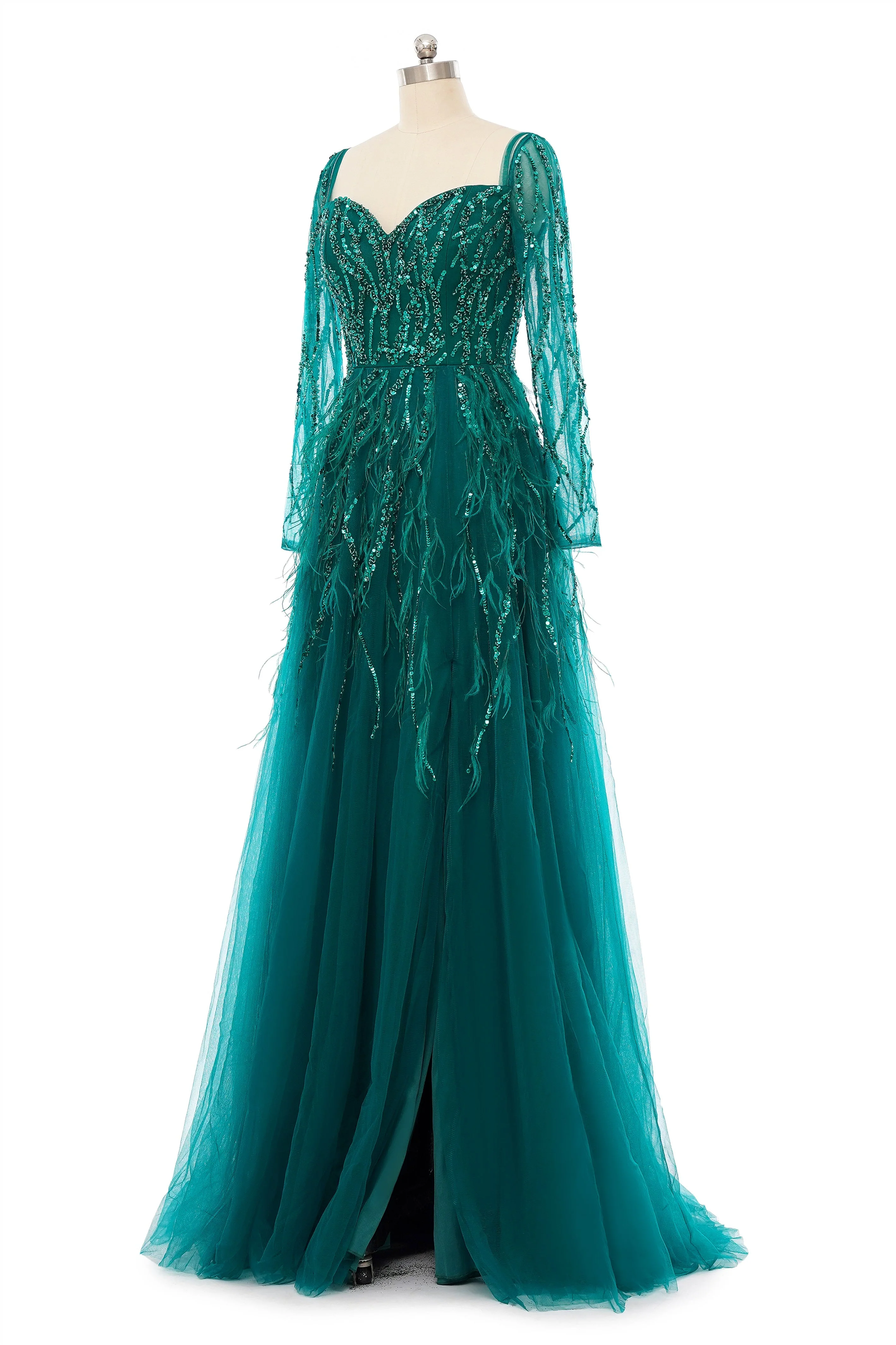 A-Line Sweetheart Sequined Tulle Floor-length Long Sleeve Open Back Beading Elegant Prom Dress - Image 3