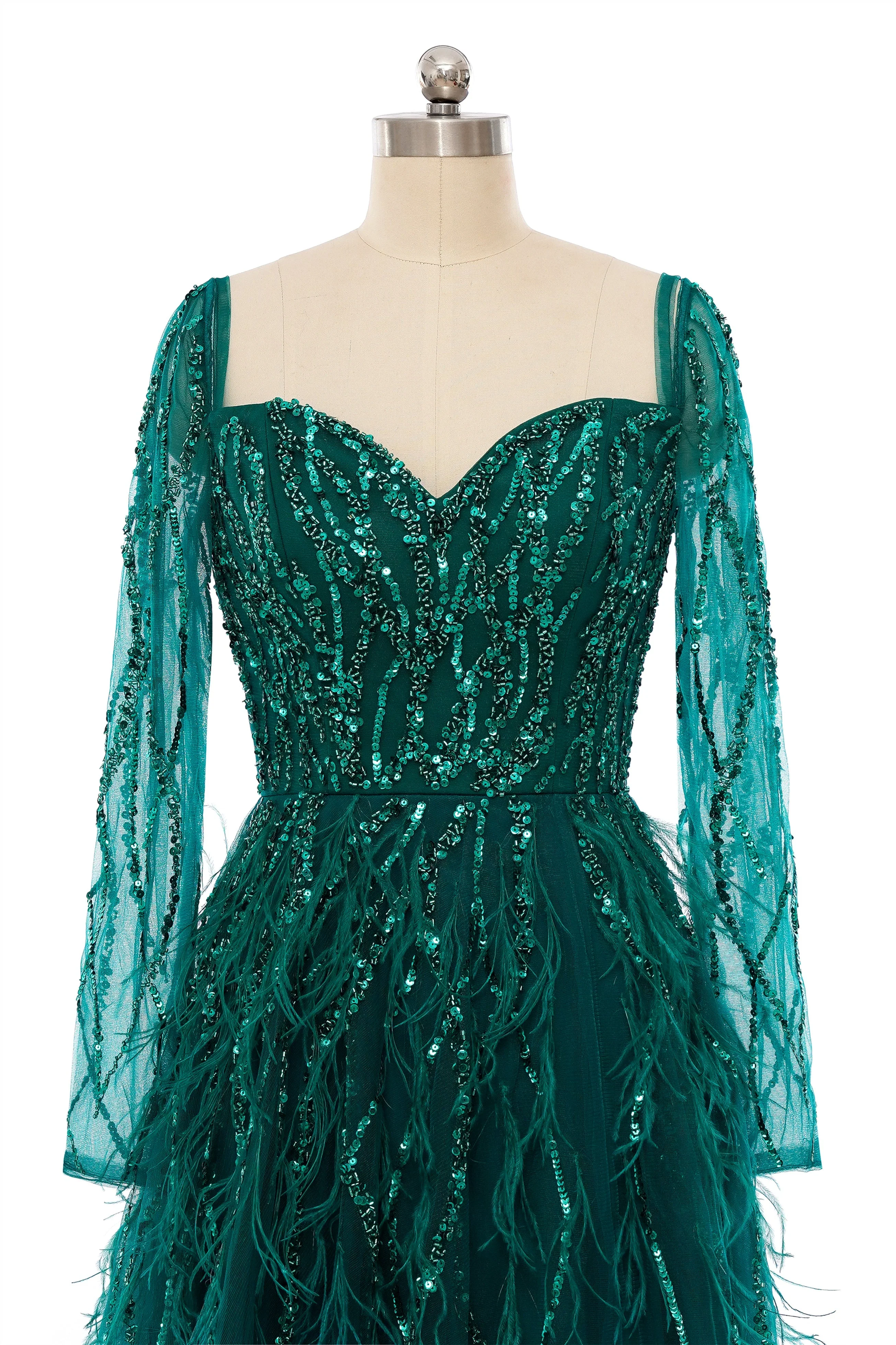 A-Line Sweetheart Sequined Tulle Floor-length Long Sleeve Open Back Beading Elegant Prom Dress - Image 4