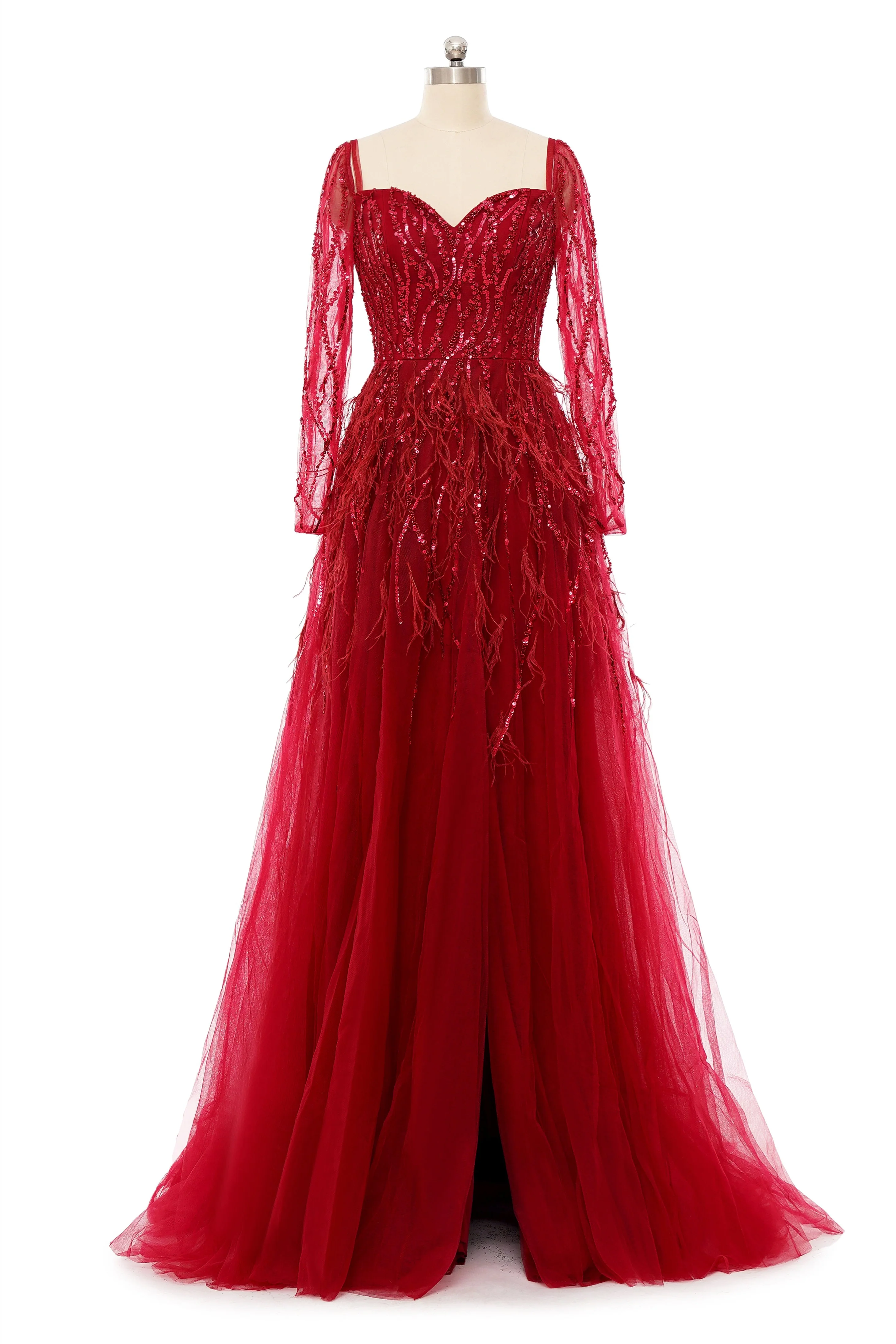 A-Line Sweetheart Sequined Tulle Floor-length Long Sleeve Open Back Beading Elegant Prom Dress - Image 5