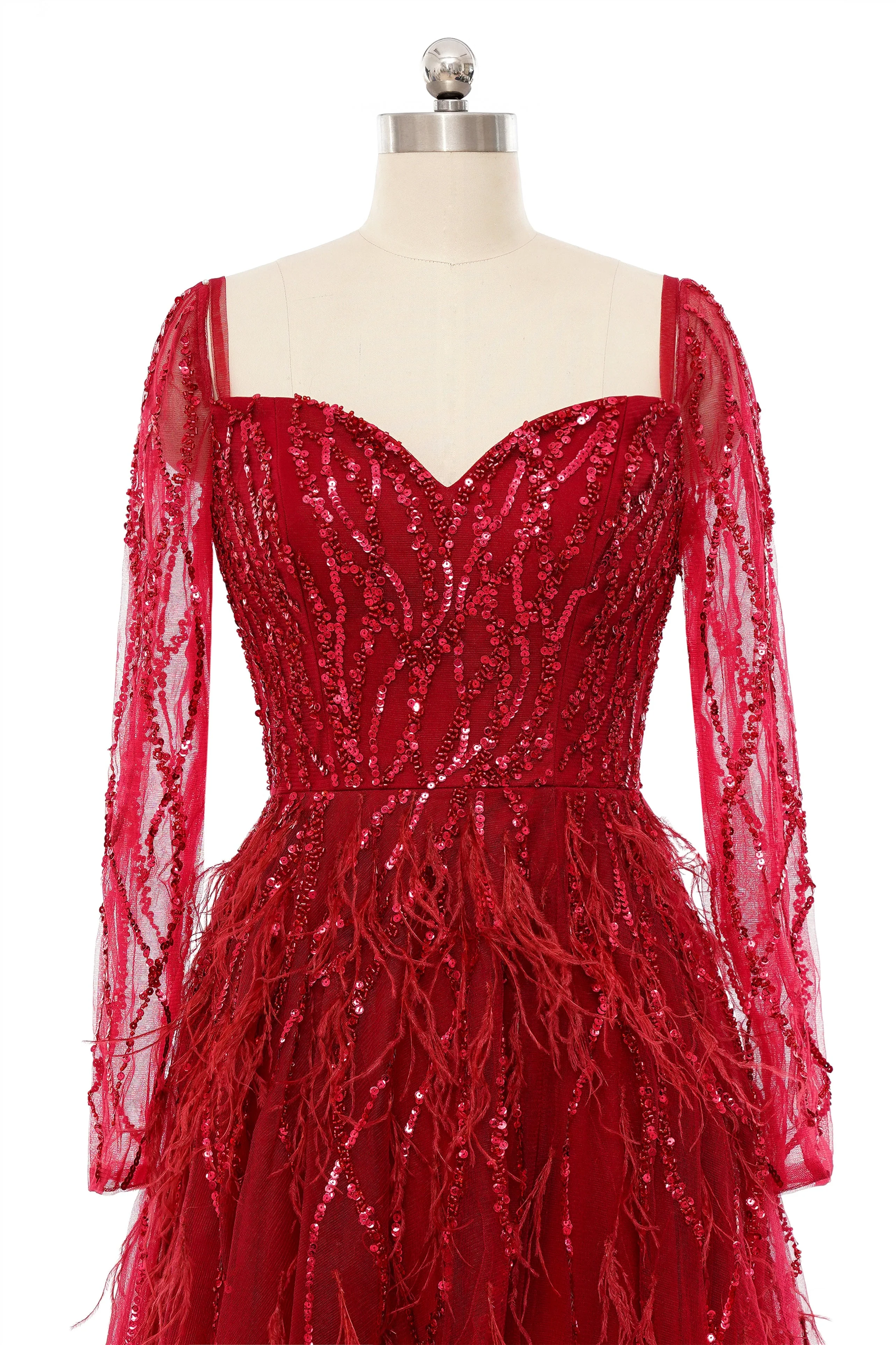 A-Line Sweetheart Sequined Tulle Floor-length Long Sleeve Open Back Beading Elegant Prom Dress - Image 6