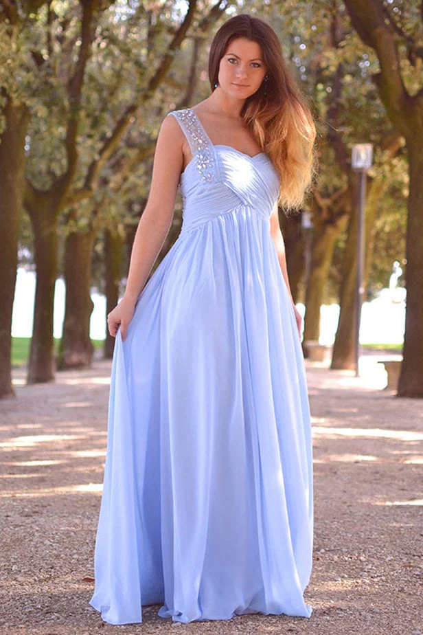 A-line Sweetheart Wide Strap Floor Length Chiffon Rhinestone Prom Dress - Image 2