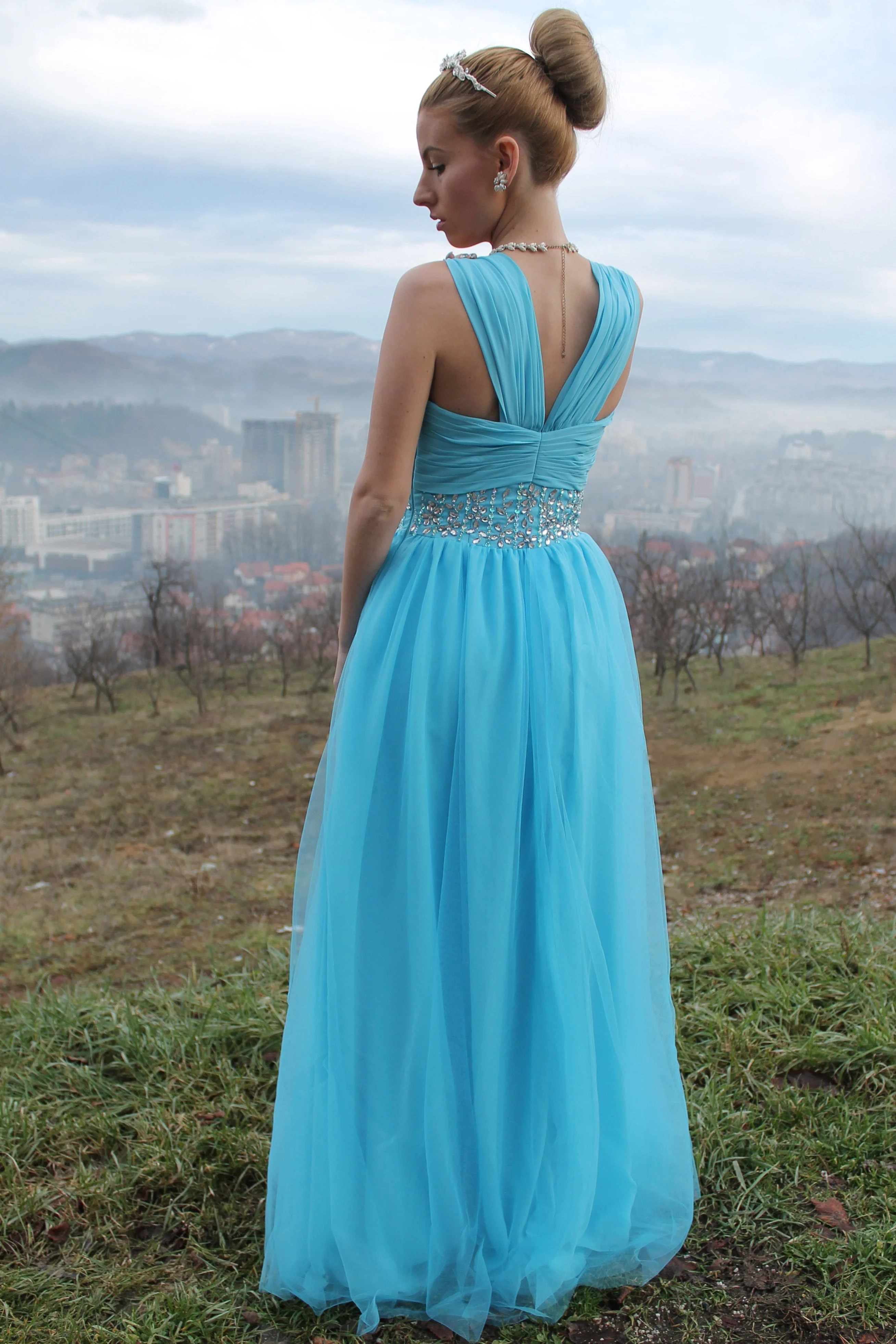 A-line Sweetheart Wide Strap Floor Length Chiffon Rhinestone Prom Dress - Image 3