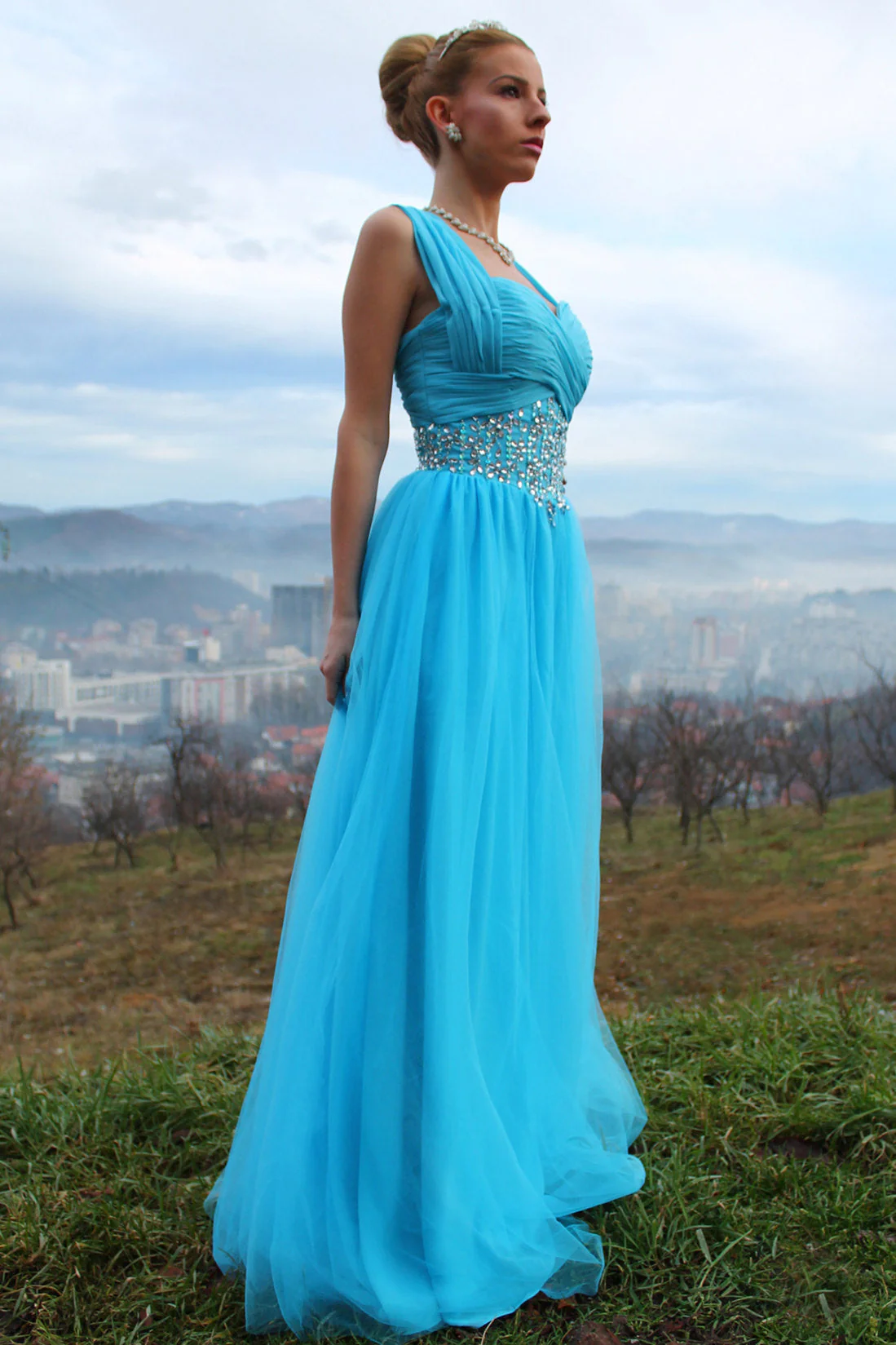 A-line Sweetheart Wide Strap Floor Length Chiffon Rhinestone Prom Dress - Image 4