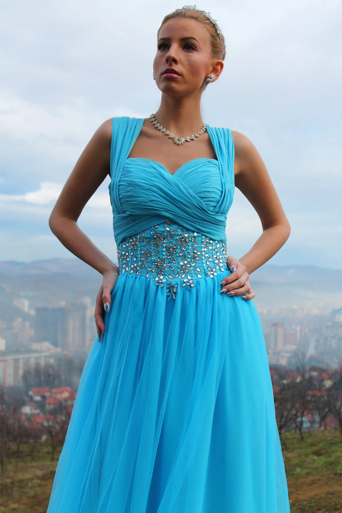 A-line Sweetheart Wide Strap Floor Length Chiffon Rhinestone Prom Dress - Image 7