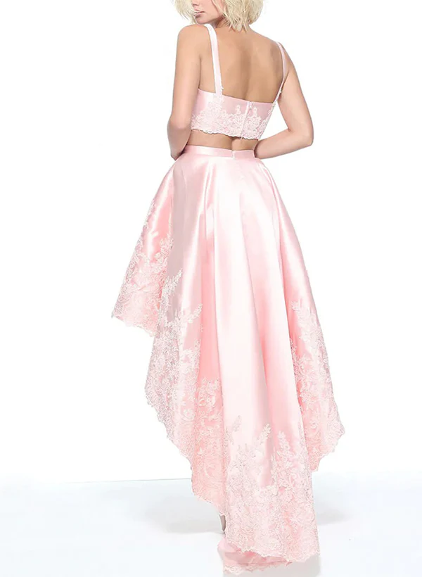 A-Line Two Pieces Sweetheart Asymmetrical Lace/Satin Homecoming Dresses - Image 2