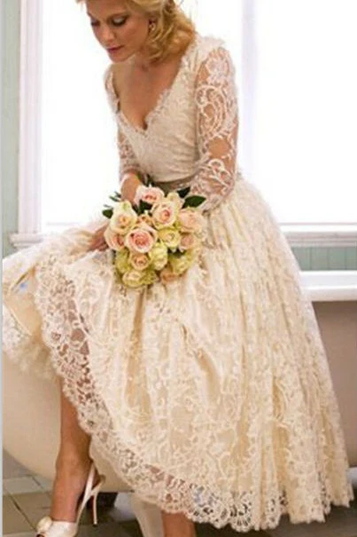 A Line V Neck 3/4 Long Sleeves Lace Wedding Dress New Arrival Tea Length Plus Size Bridal Gown - Image 2