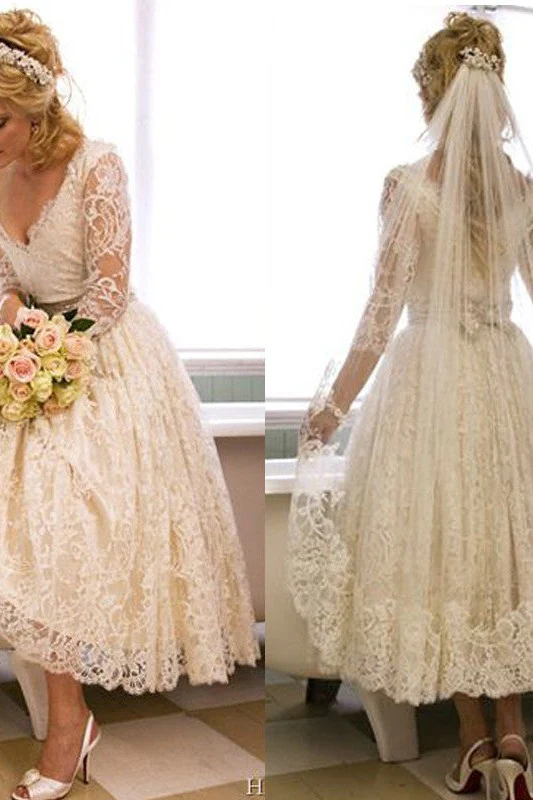 A Line V Neck 3/4 Long Sleeves Lace Wedding Dress New Arrival Tea Length Plus Size Bridal Gown - Image 3