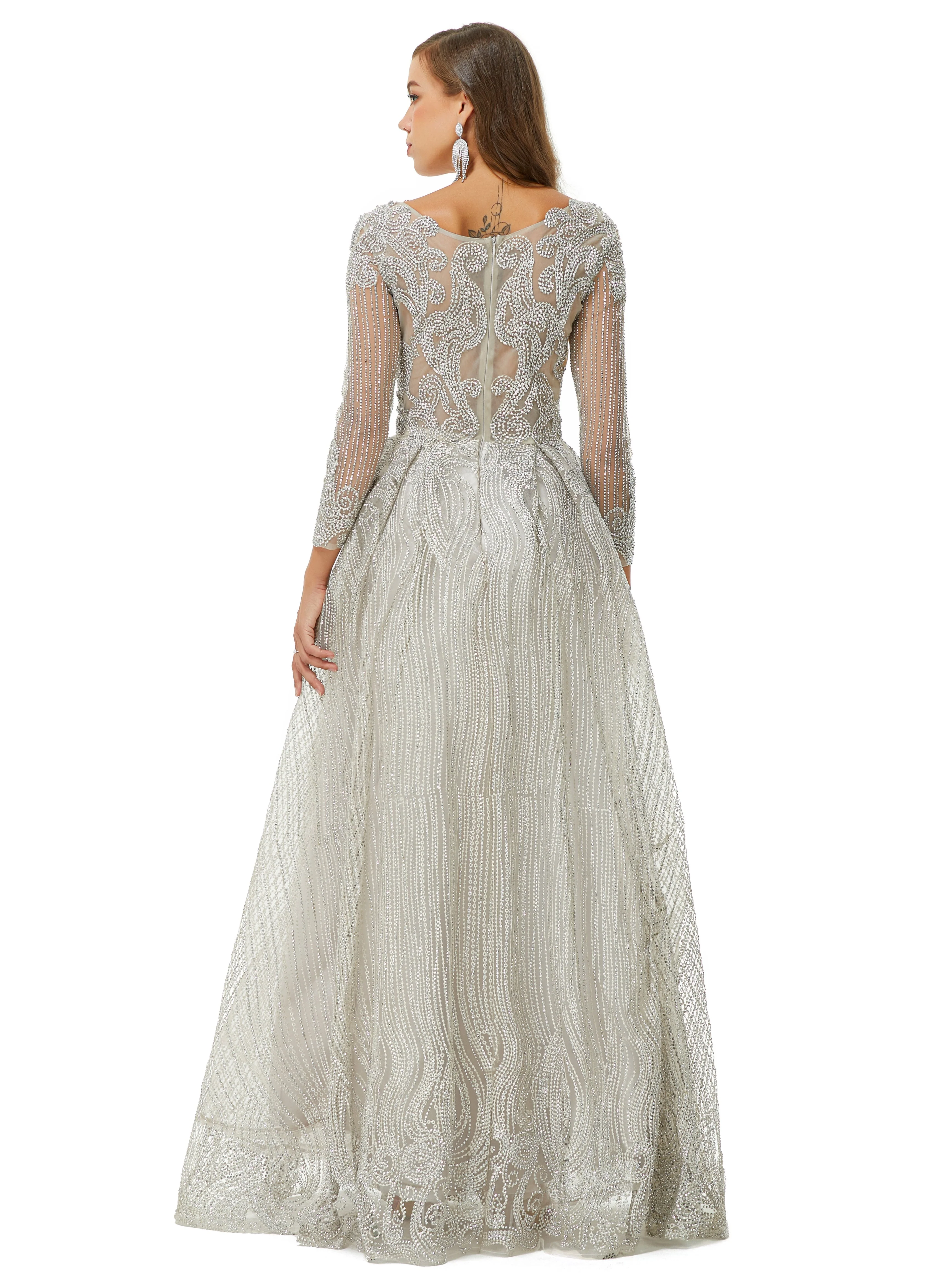 A-line V-neck Beading Floor-length Long Sleeve Open Back Lace Prom Dress - Image 2