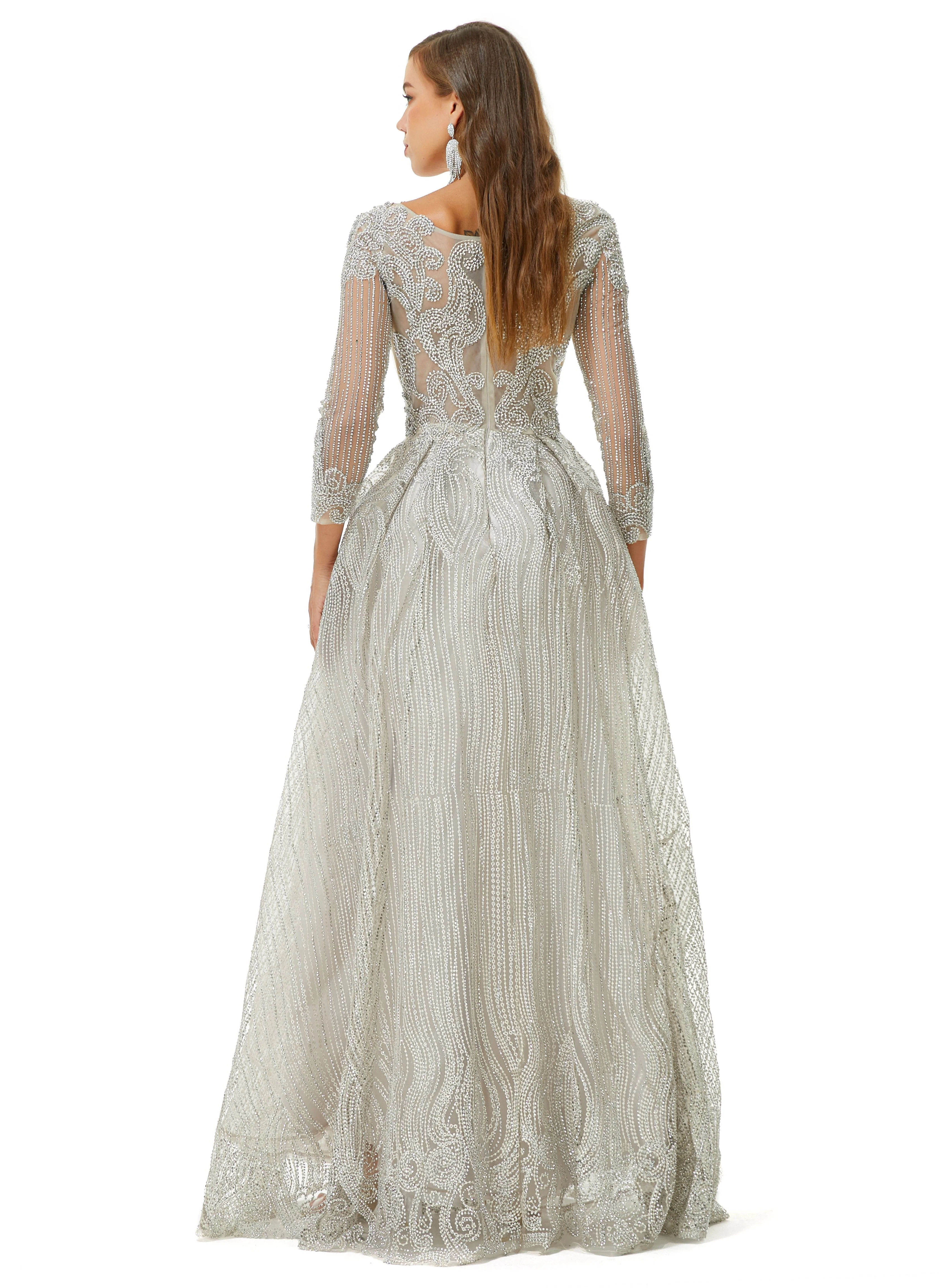 A-line V-neck Beading Floor-length Long Sleeve Open Back Lace Prom Dress - Image 3