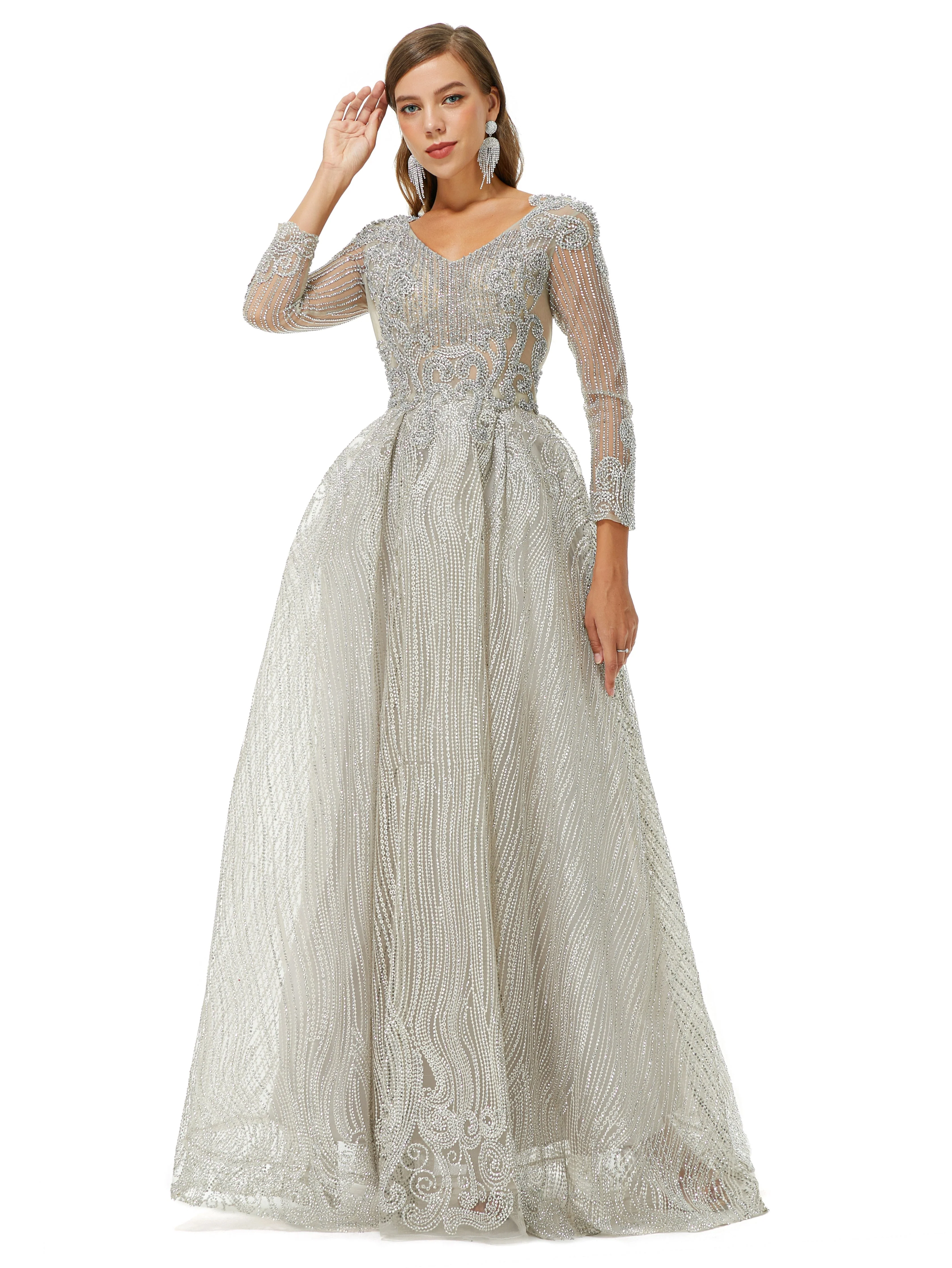 A-line V-neck Beading Floor-length Long Sleeve Open Back Lace Prom Dress - Image 4