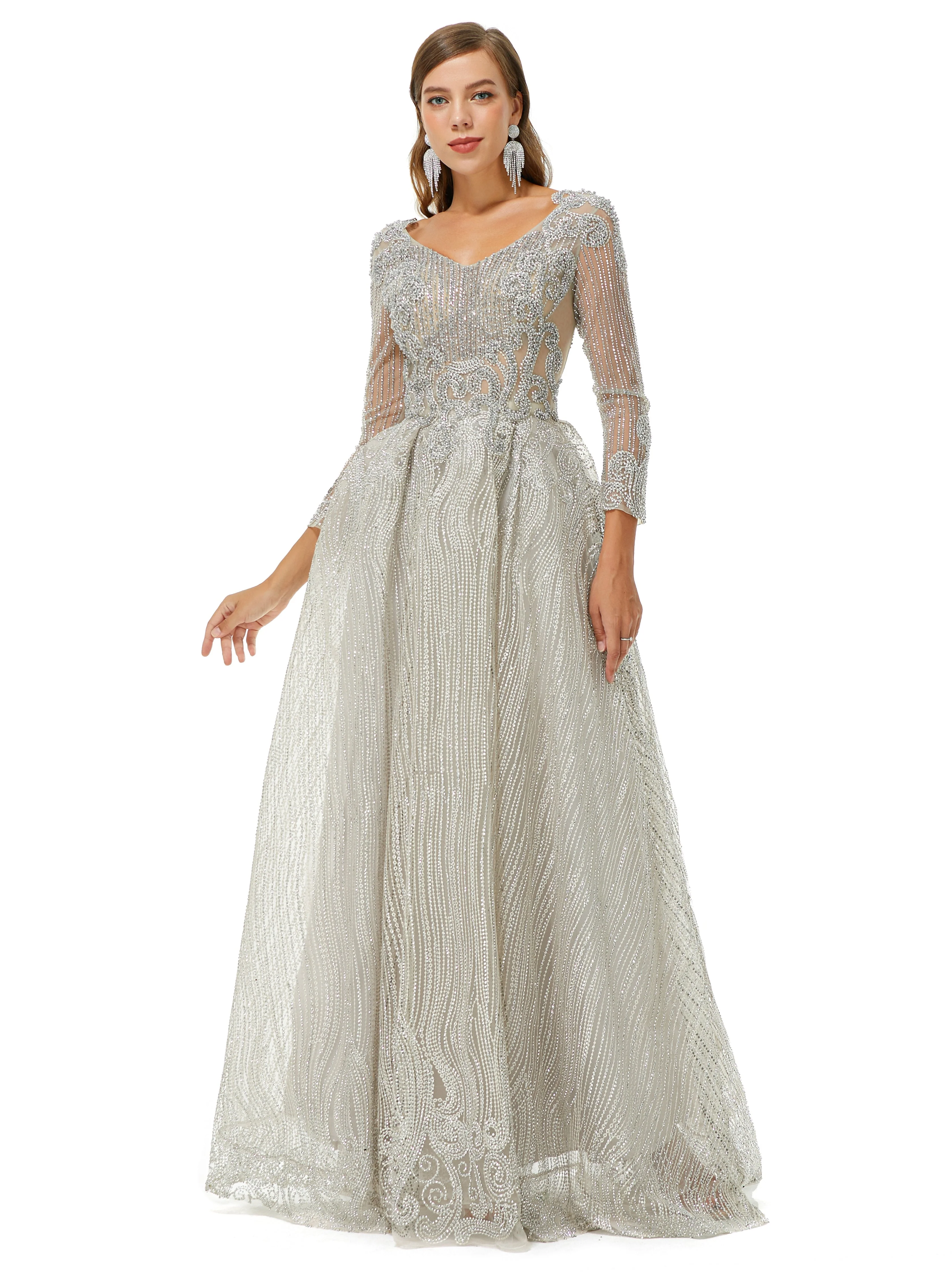 A-line V-neck Beading Floor-length Long Sleeve Open Back Lace Prom Dress - Image 5