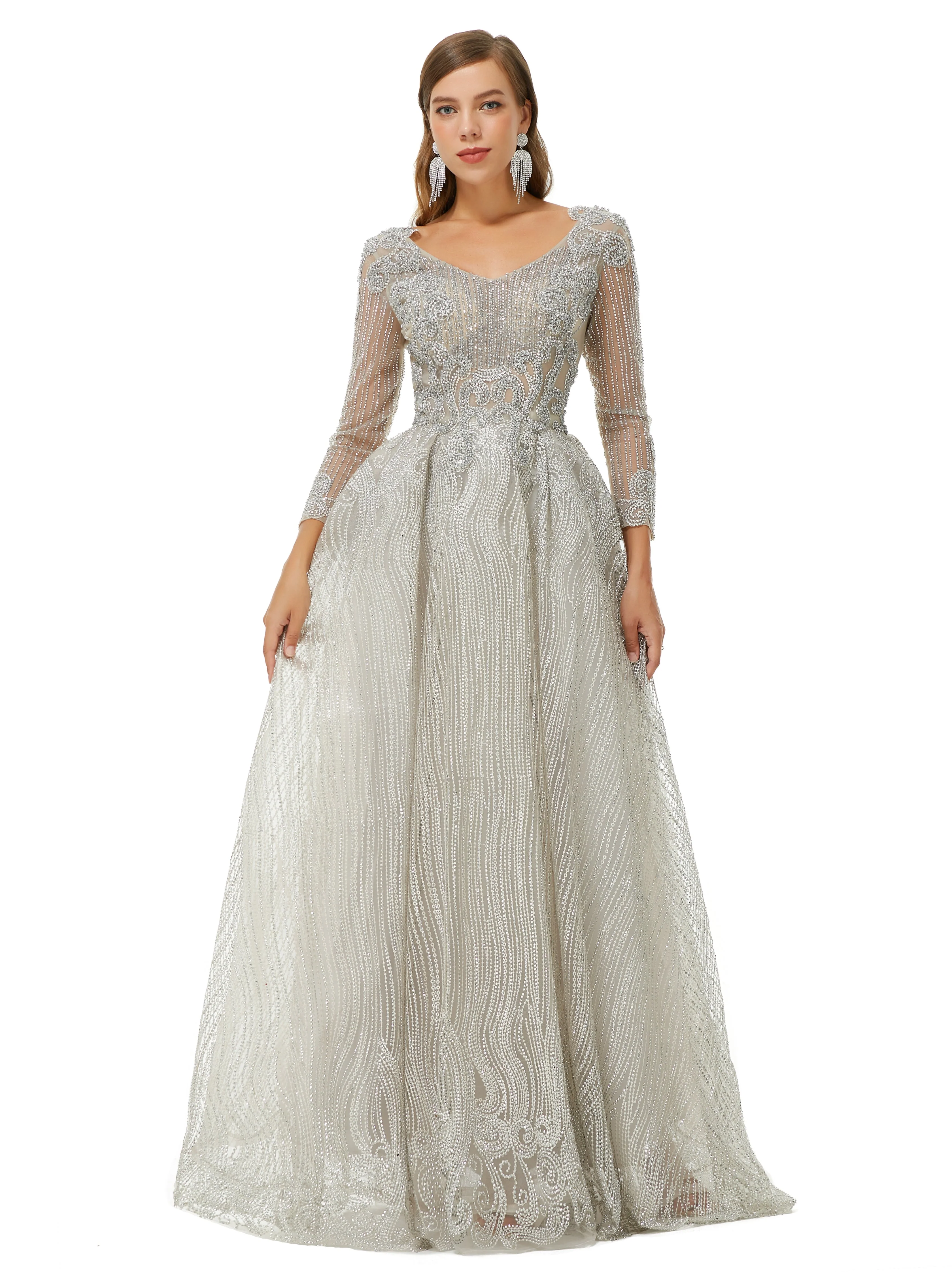 A-line V-neck Beading Floor-length Long Sleeve Open Back Lace Prom Dress - Image 6