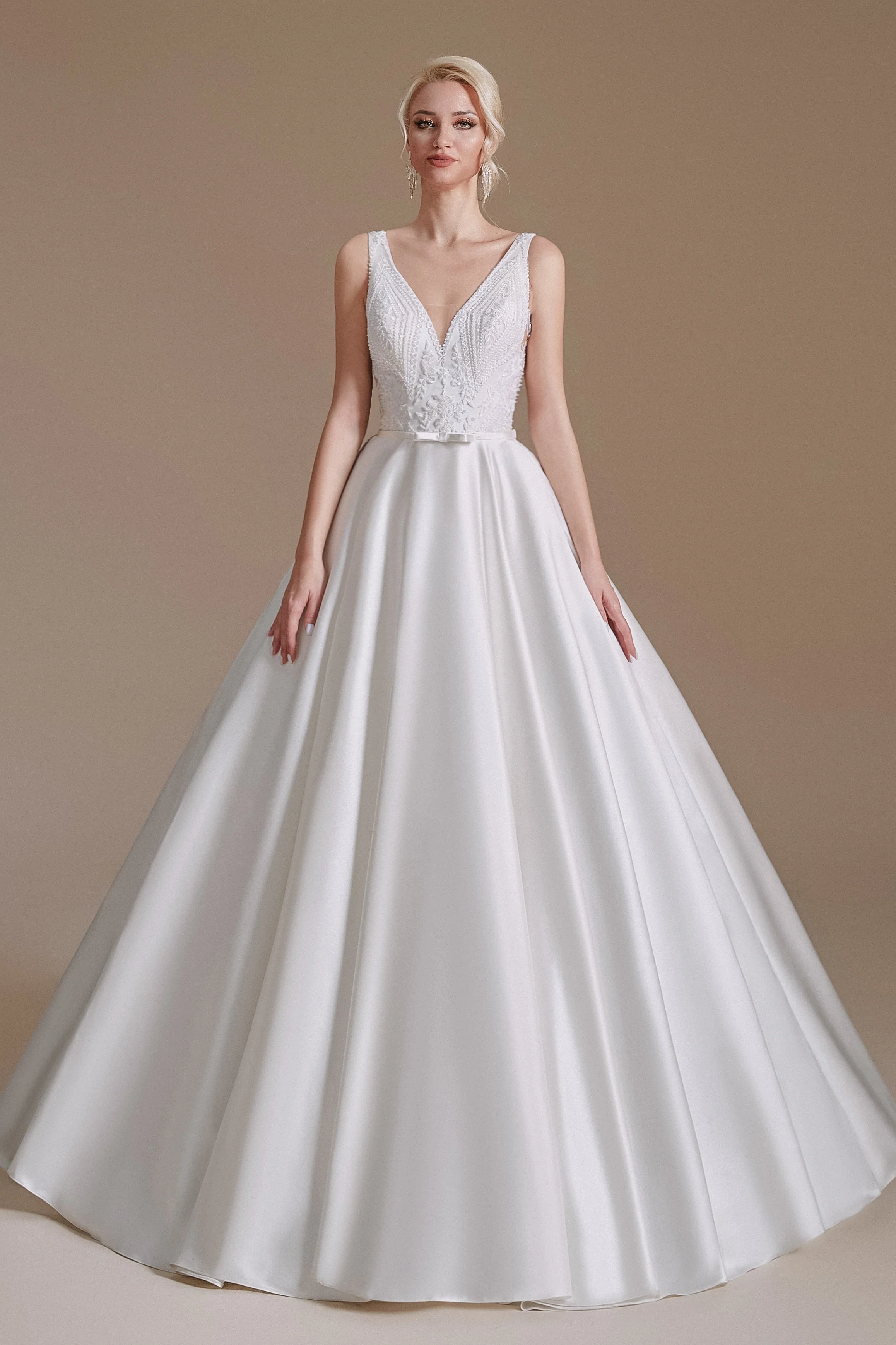 A Line V Neck Floor Length Applique Wedding Dress | Ballbella Design - Image 3
