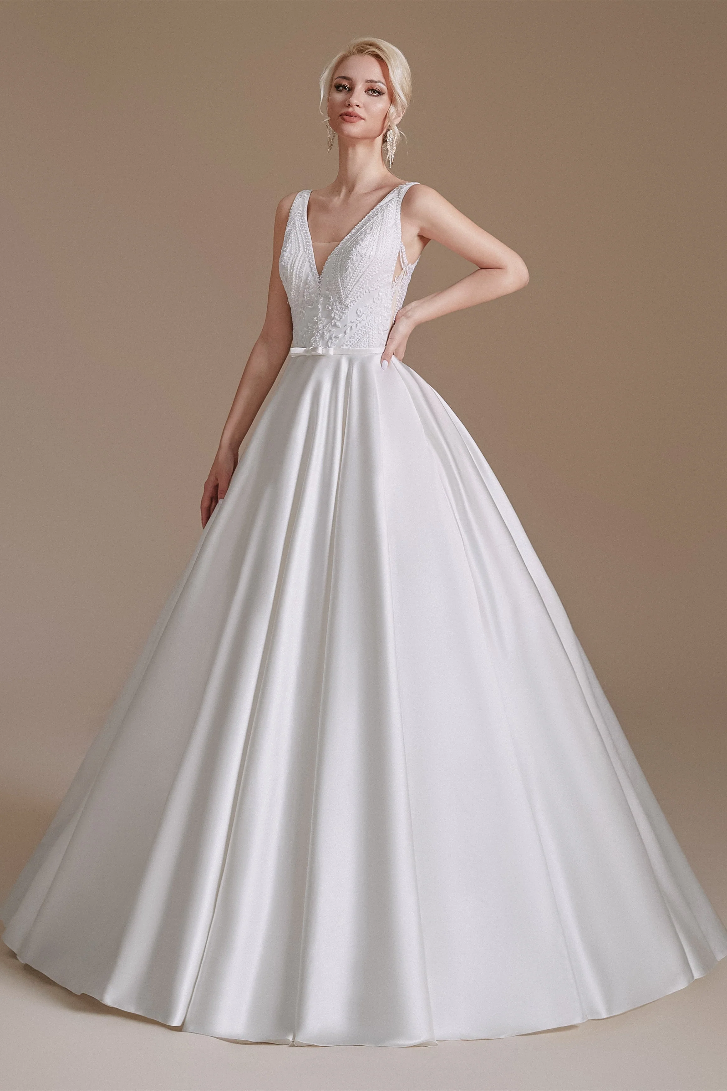 A Line V Neck Floor Length Applique Wedding Dress | Ballbella Design - Image 4
