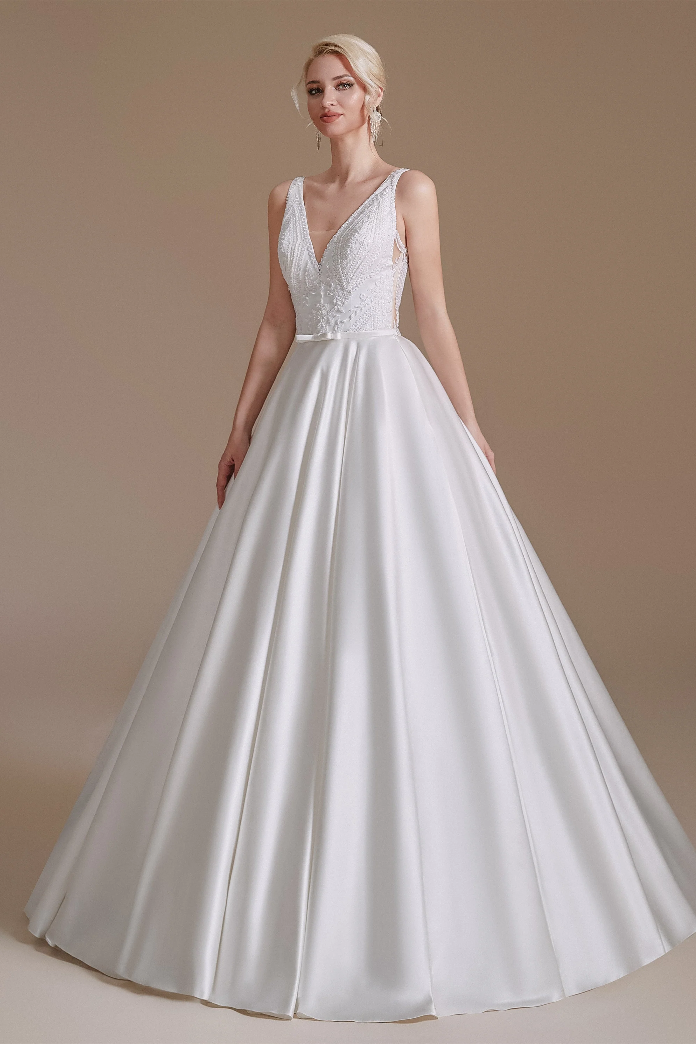 A Line V Neck Floor Length Applique Wedding Dress | Ballbella Design - Image 5