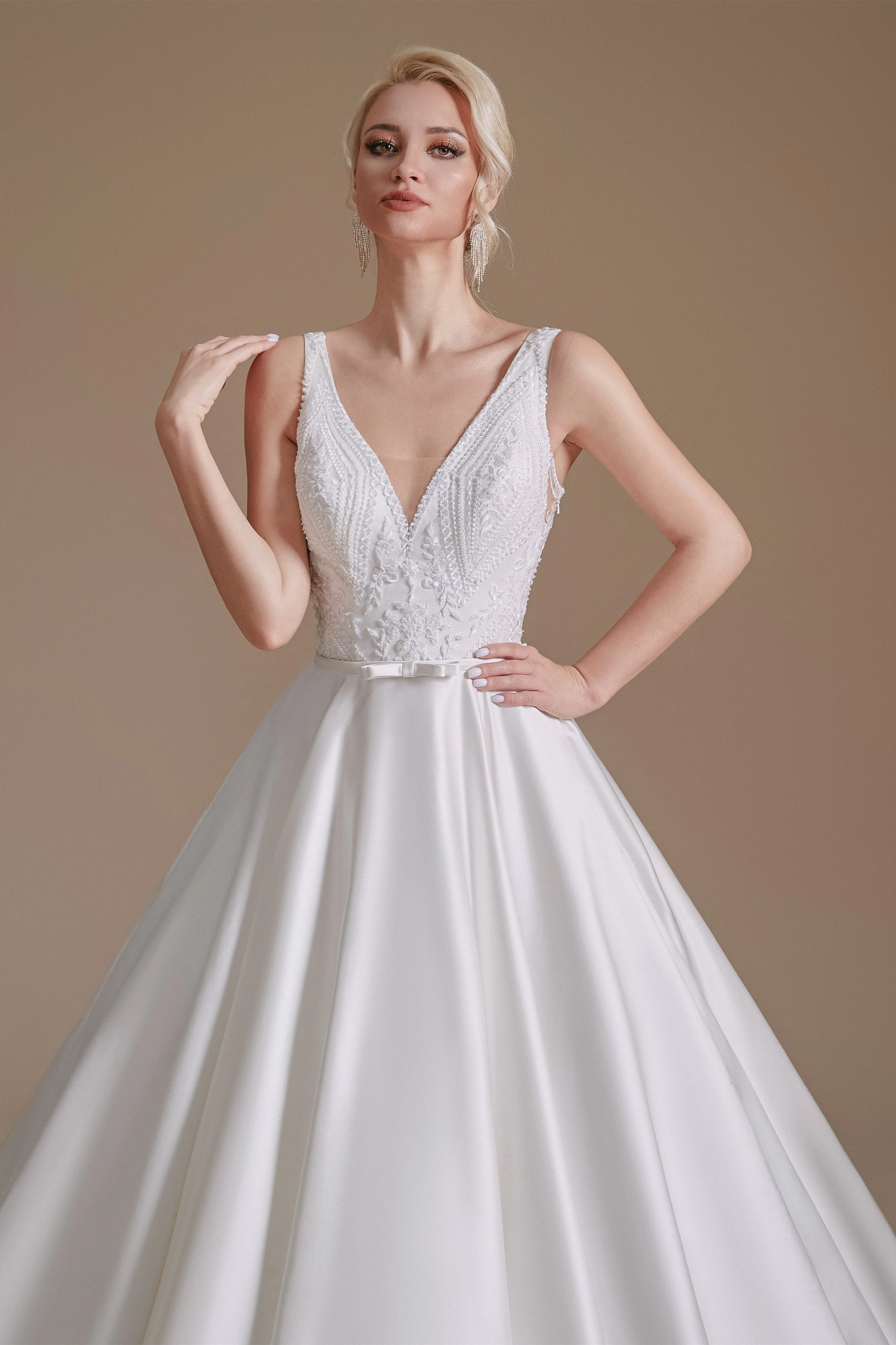 A Line V Neck Floor Length Applique Wedding Dress | Ballbella Design - Image 6