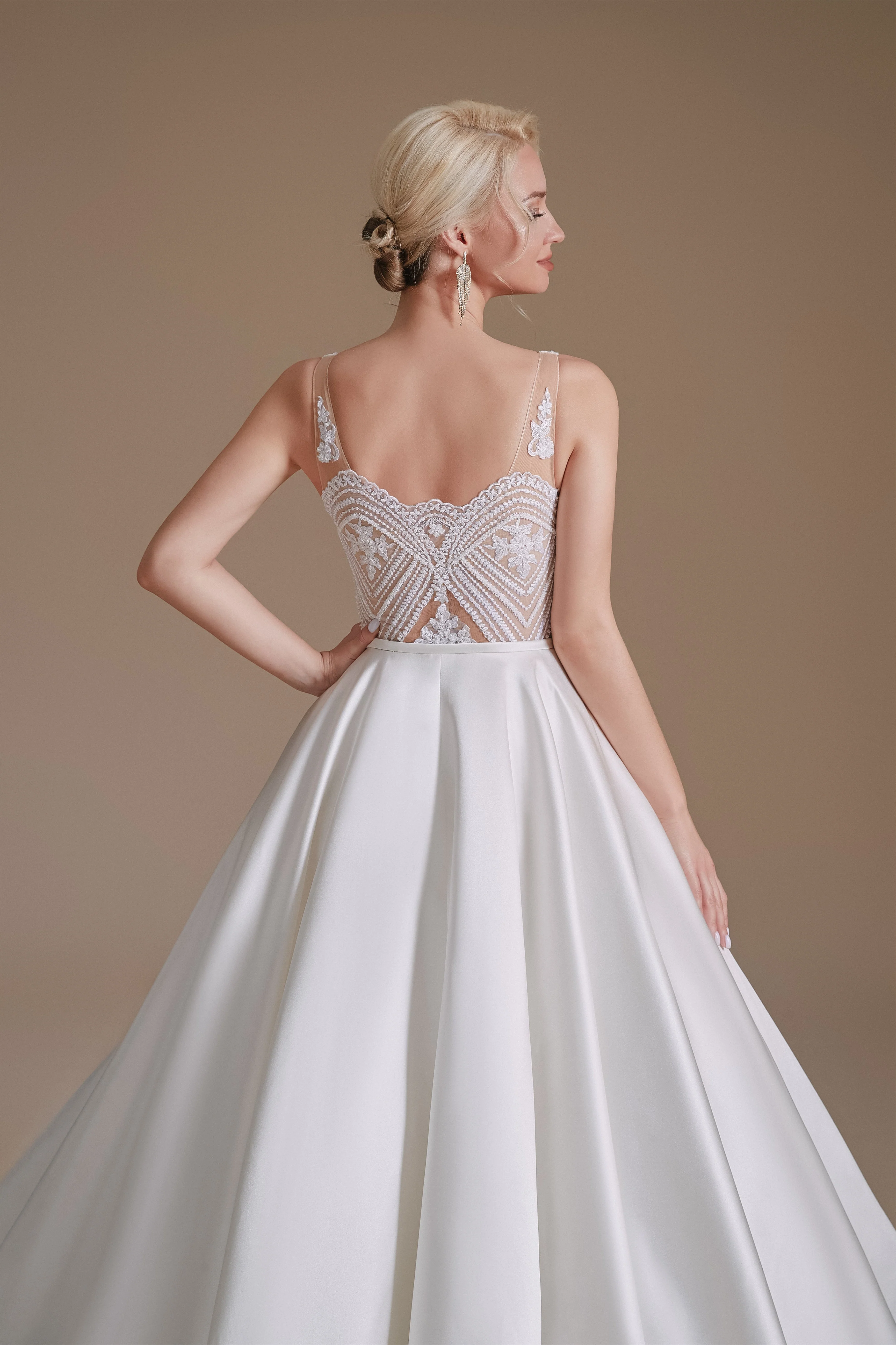 A Line V Neck Floor Length Applique Wedding Dress | Ballbella Design - Image 7