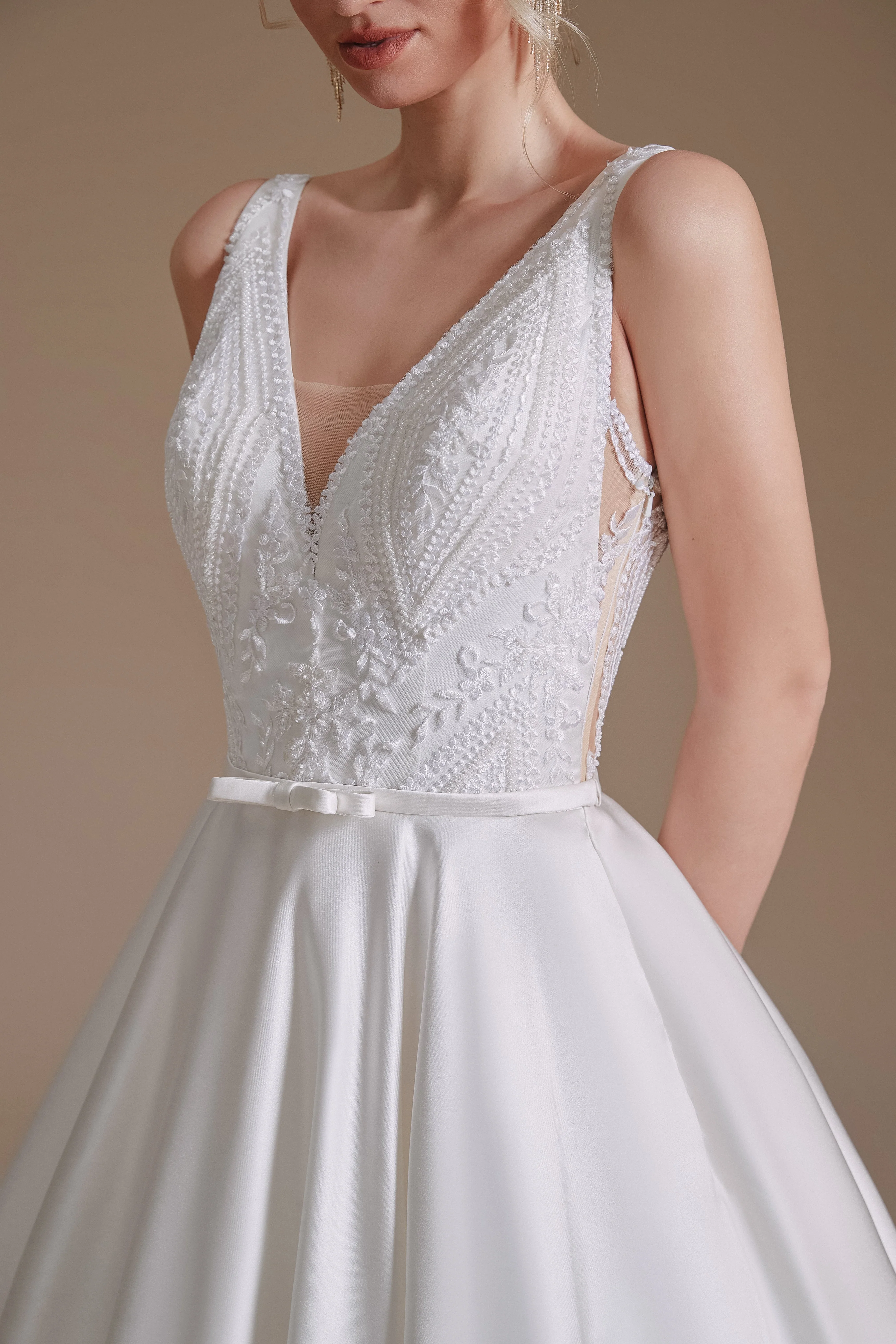 A Line V Neck Floor Length Applique Wedding Dress | Ballbella Design - Image 8