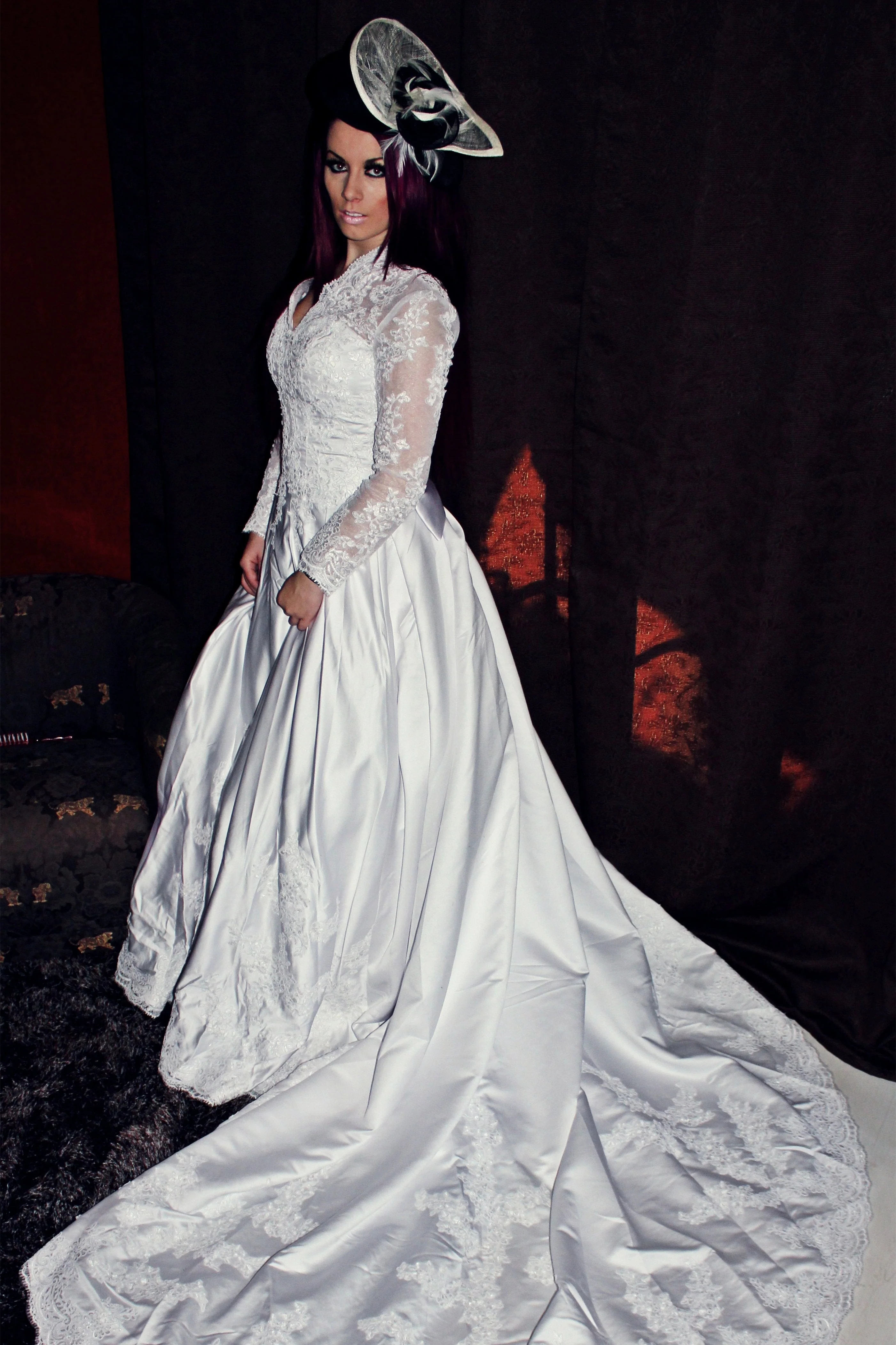 A-line V-neck Floor Length Chapel Charmuse Applique Bow Wedding Dress - Image 2